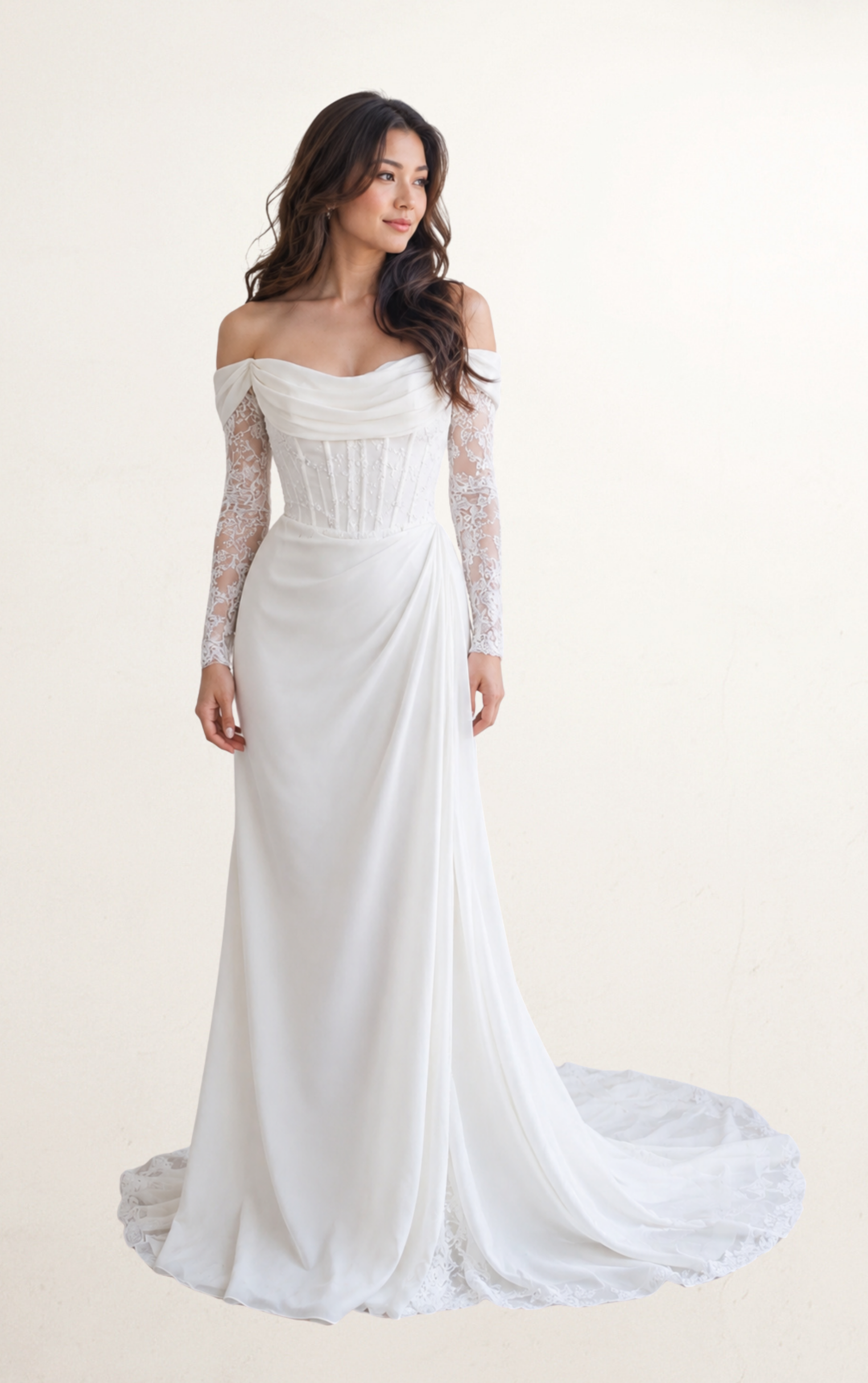 White Long Sleeve French Lace Bridal Gown