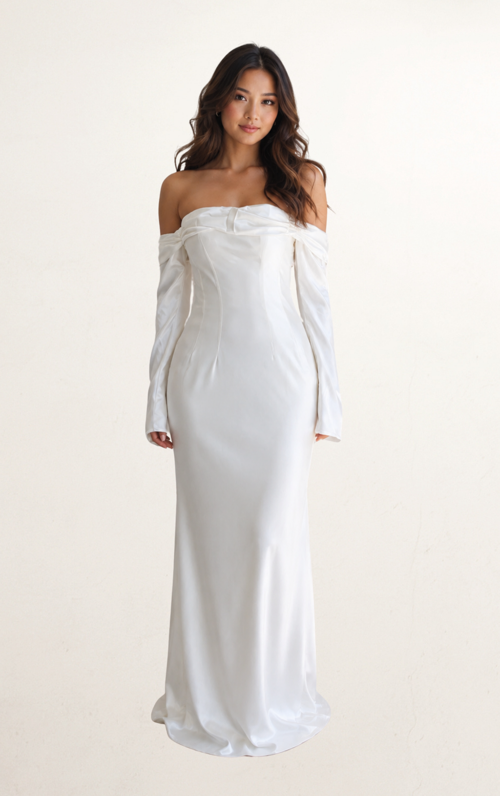 White Off-Shoulder Cowl Satin Bridal Gown