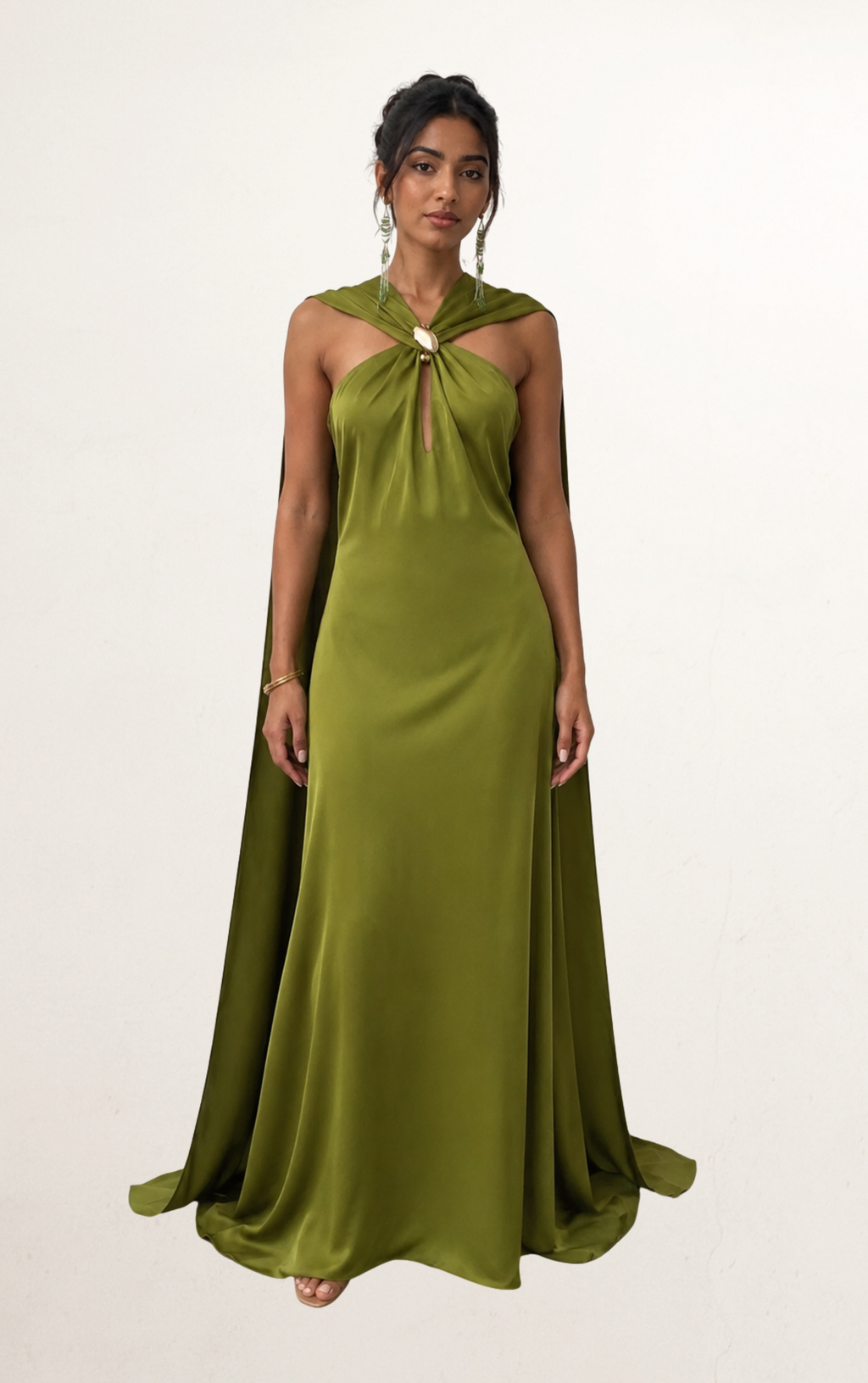 Olive Green Satin Cape Column Gown