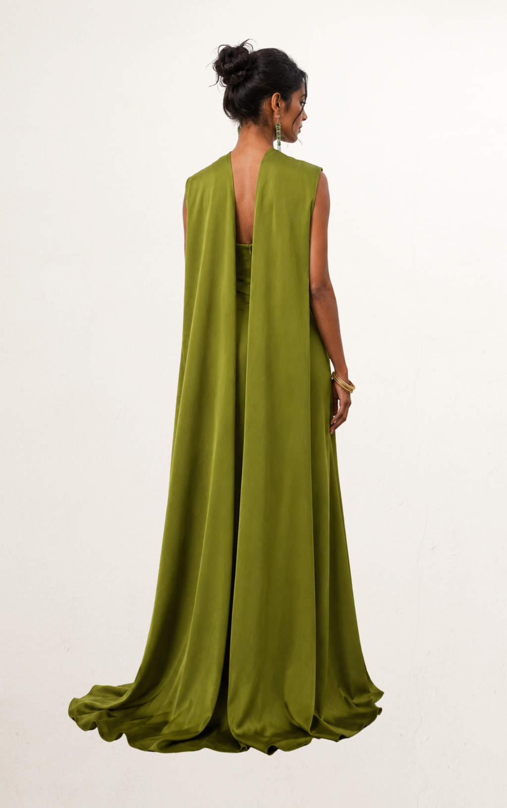 Olive Green Satin Cape Column Gown