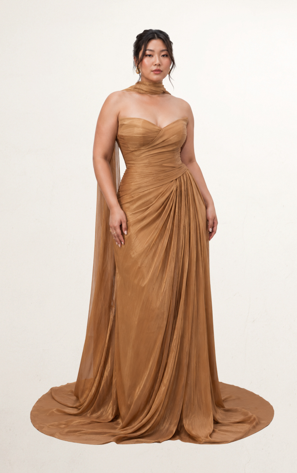 Brown Ruched One-Shoulder Train Gown