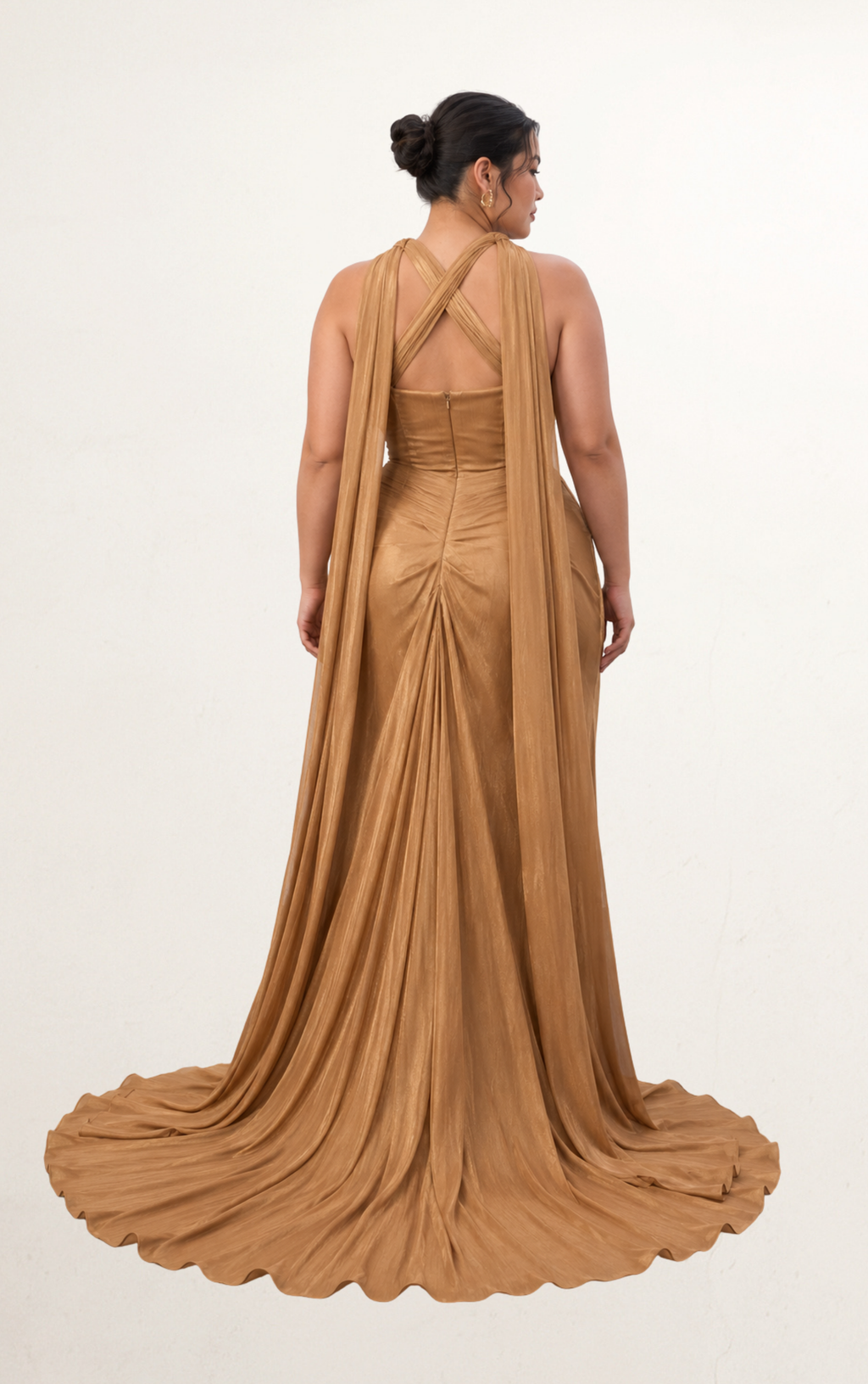 Brown Ruched One-Shoulder Train Gown