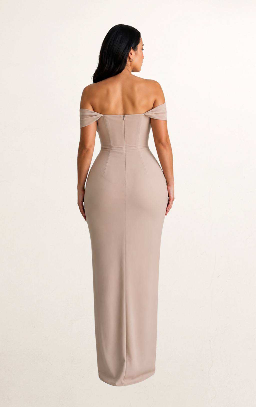 Beige Off-Shoulder Pearl Bandage Evening Dress
