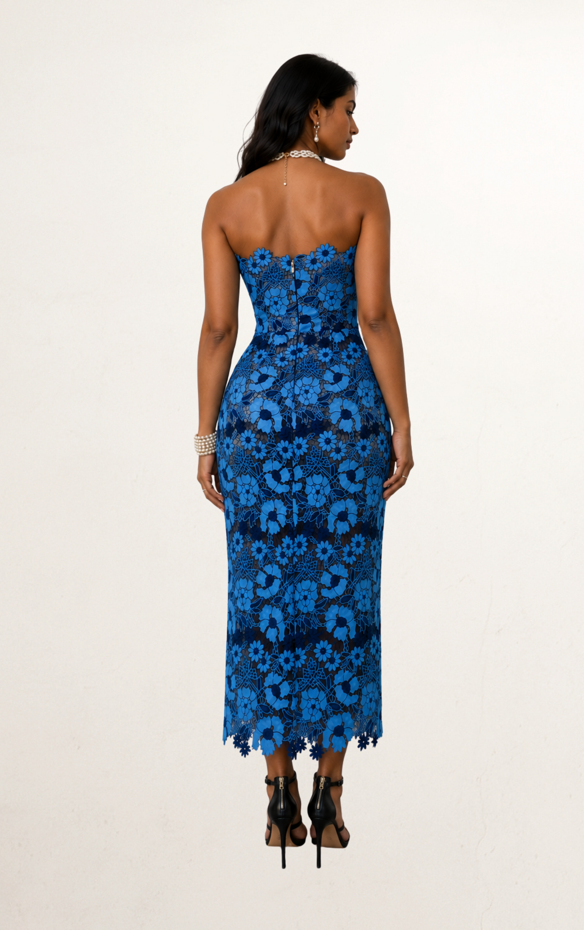 Blue Floral Strapless Column Midi Dress