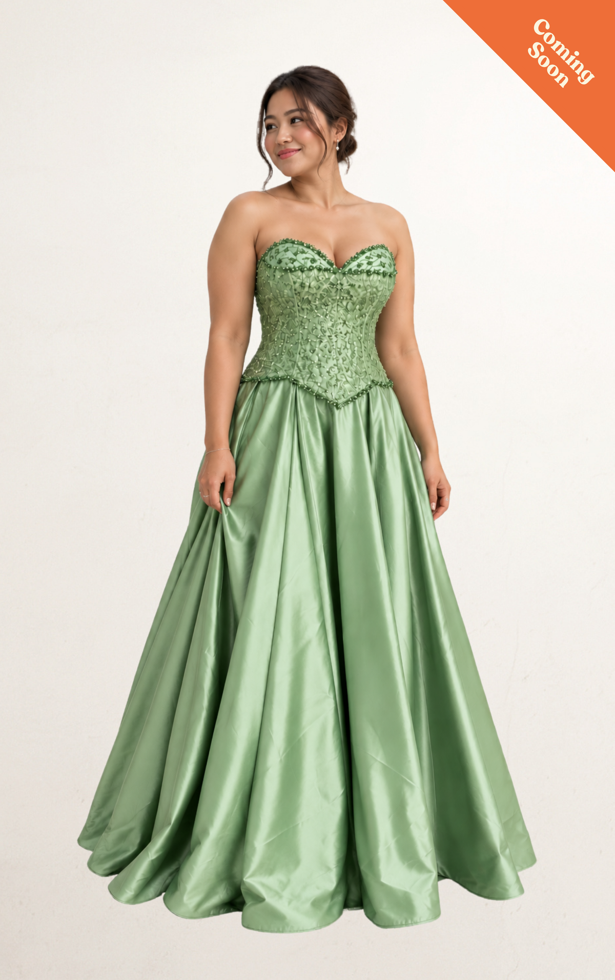 Green Strapless Lace Beaded Maxi Dress