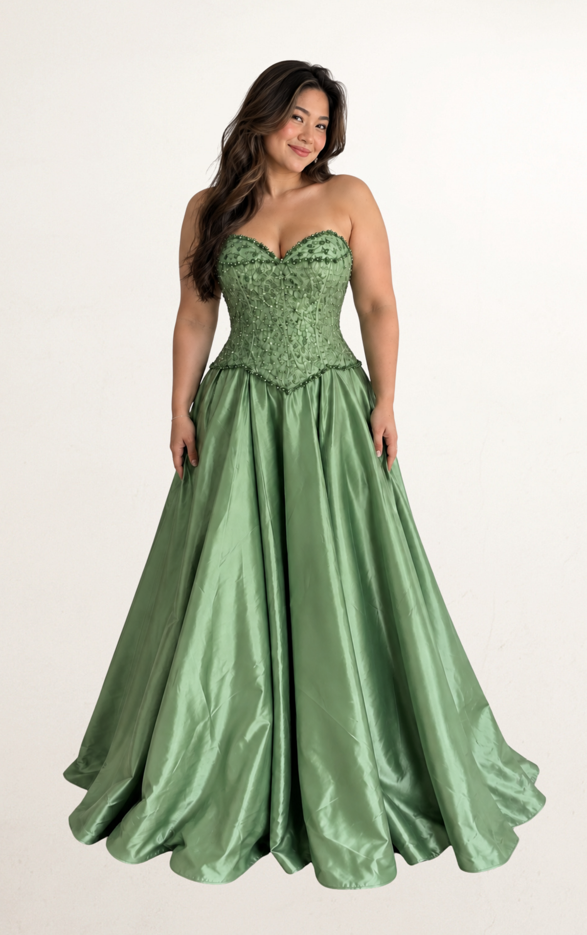 Green Strapless Lace Beaded Maxi Dress