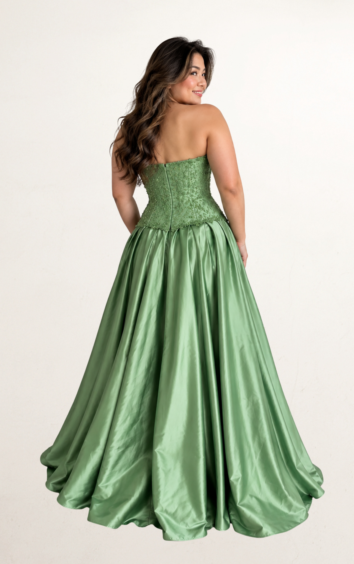 Green Strapless Lace Beaded Maxi Dress