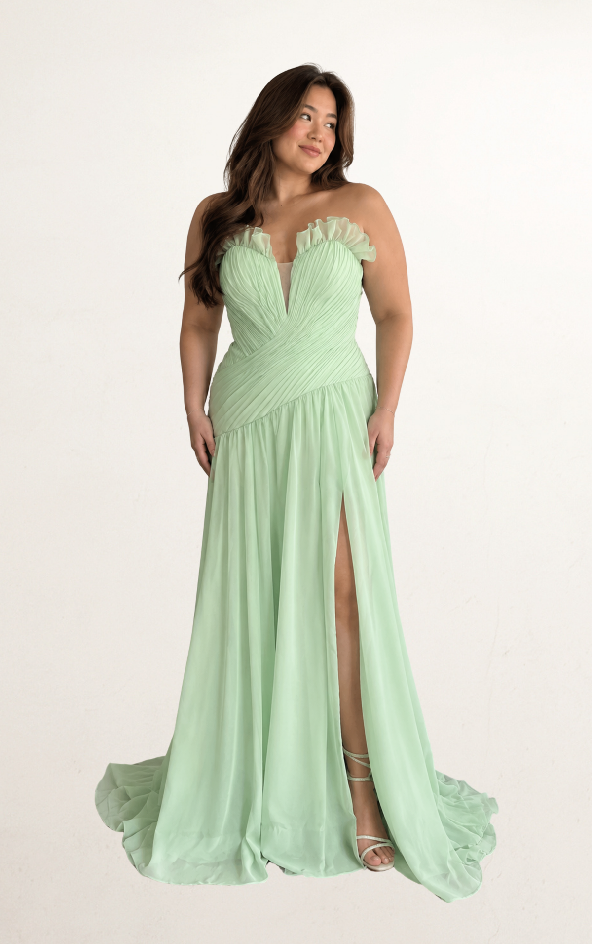 Green Ruffle-Trim Pleated Maxi Dress
