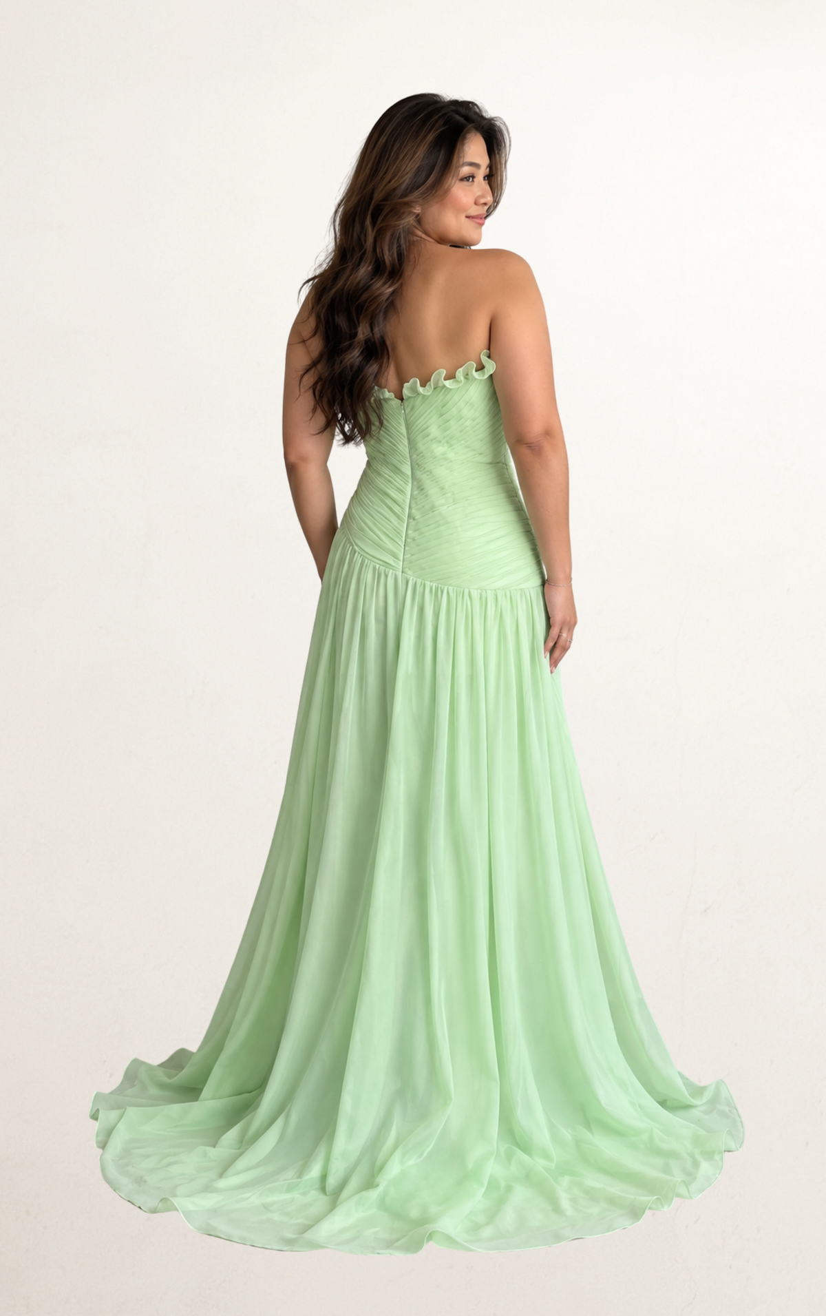 Green Ruffle-Trim Pleated Maxi Dress