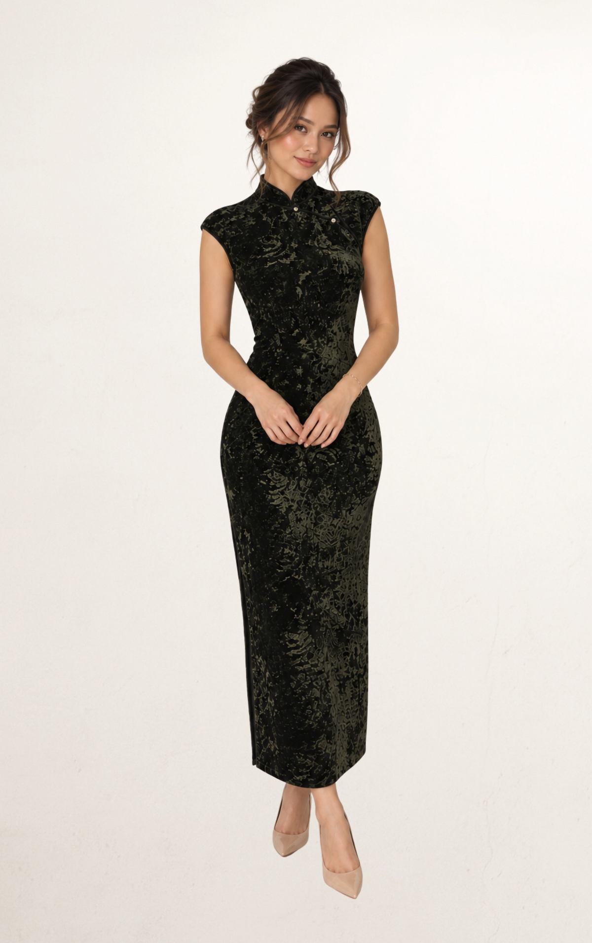 Black Crushed Velvet Mandarin Collar Dress