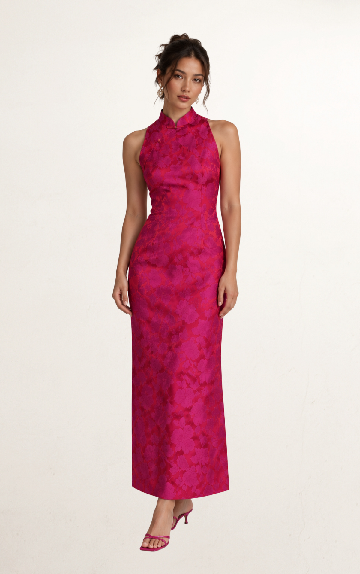 Fuchsia Floral Mandarin Collar Dress