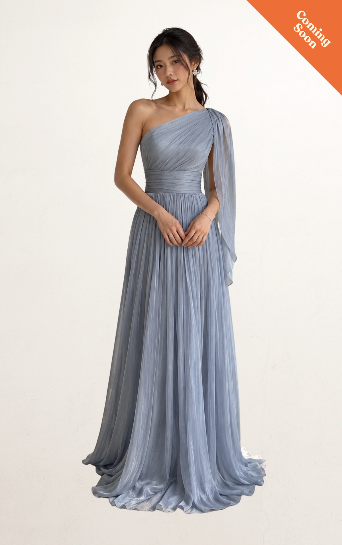 Dusty Blue One-Shoulder Chiffon Evening Gown