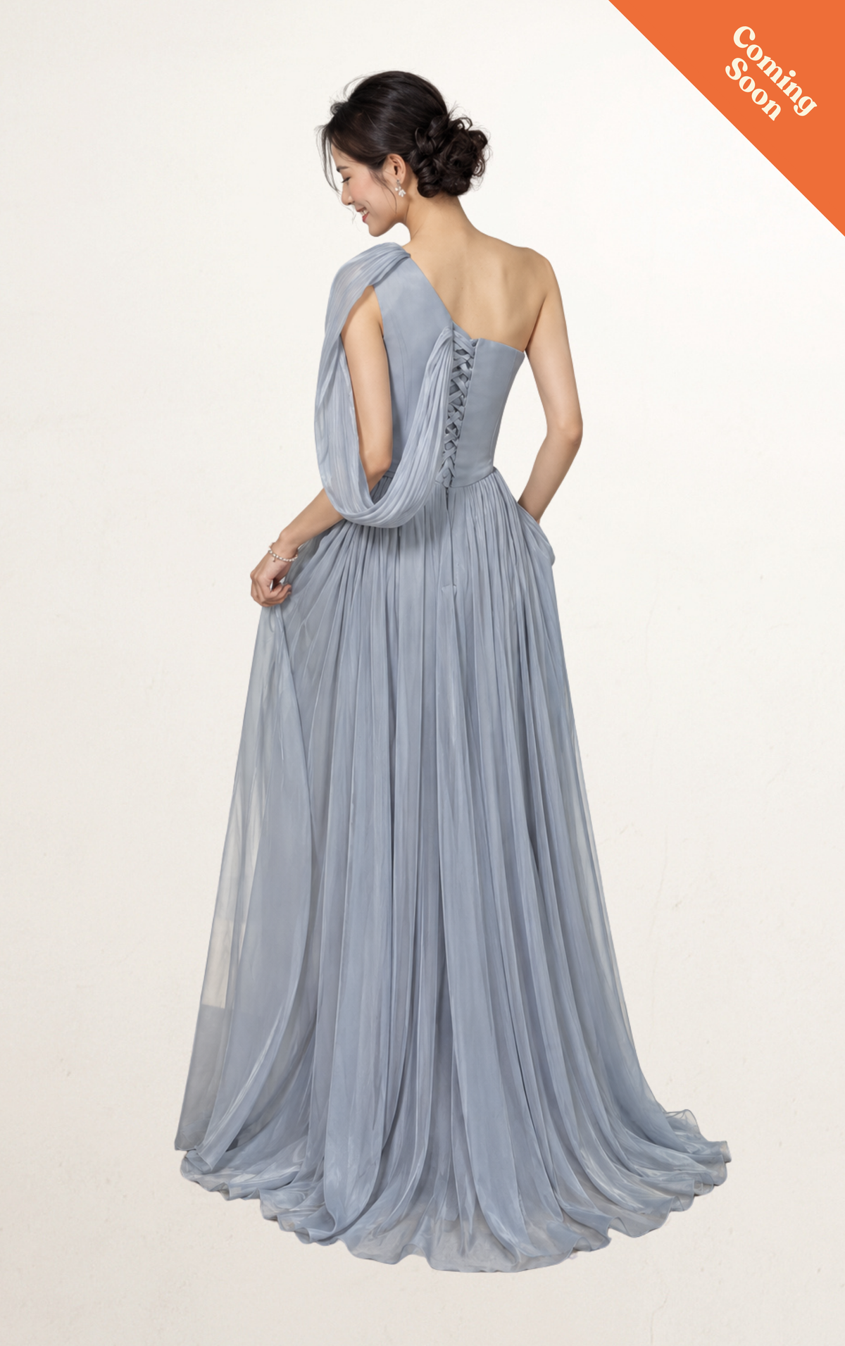 Dusty Blue One-Shoulder Chiffon Evening Gown