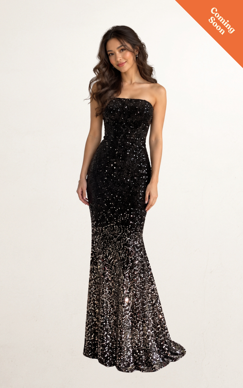 Black & Silver Ombré Strapless Sequin Gown