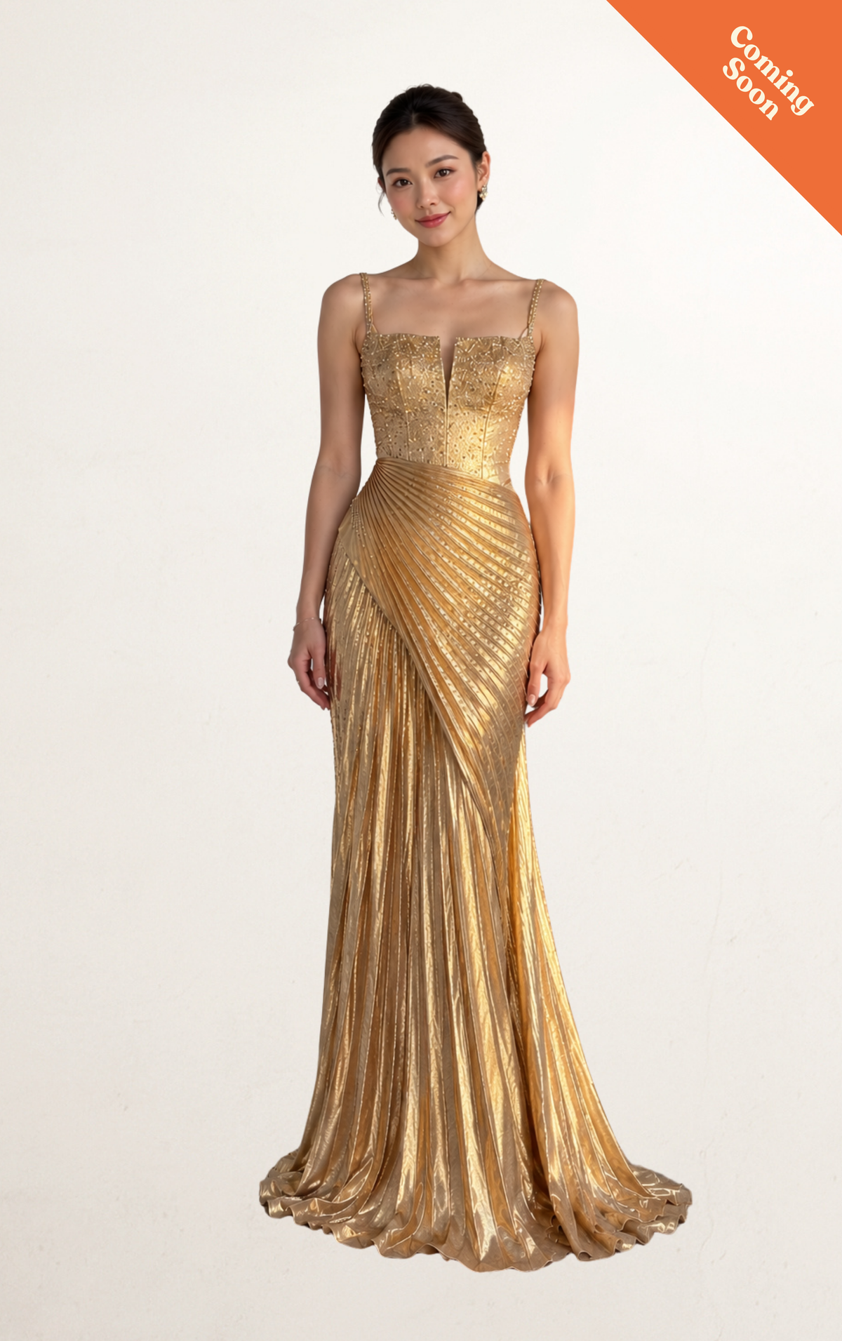 Gold Sequin Corset Pleated Evening Gown