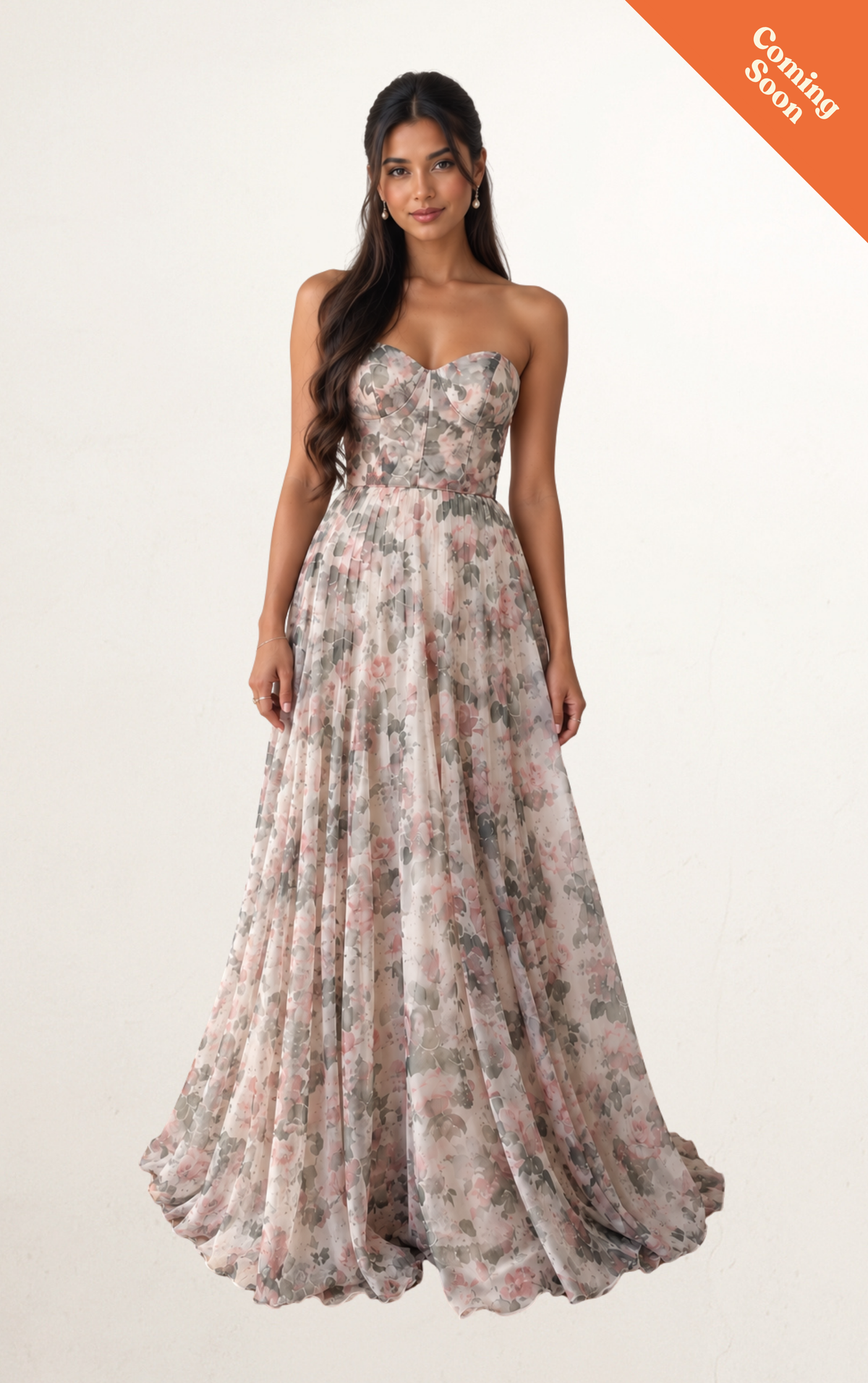 Blush Floral Strapless Corset Pleated Maxi Dress
