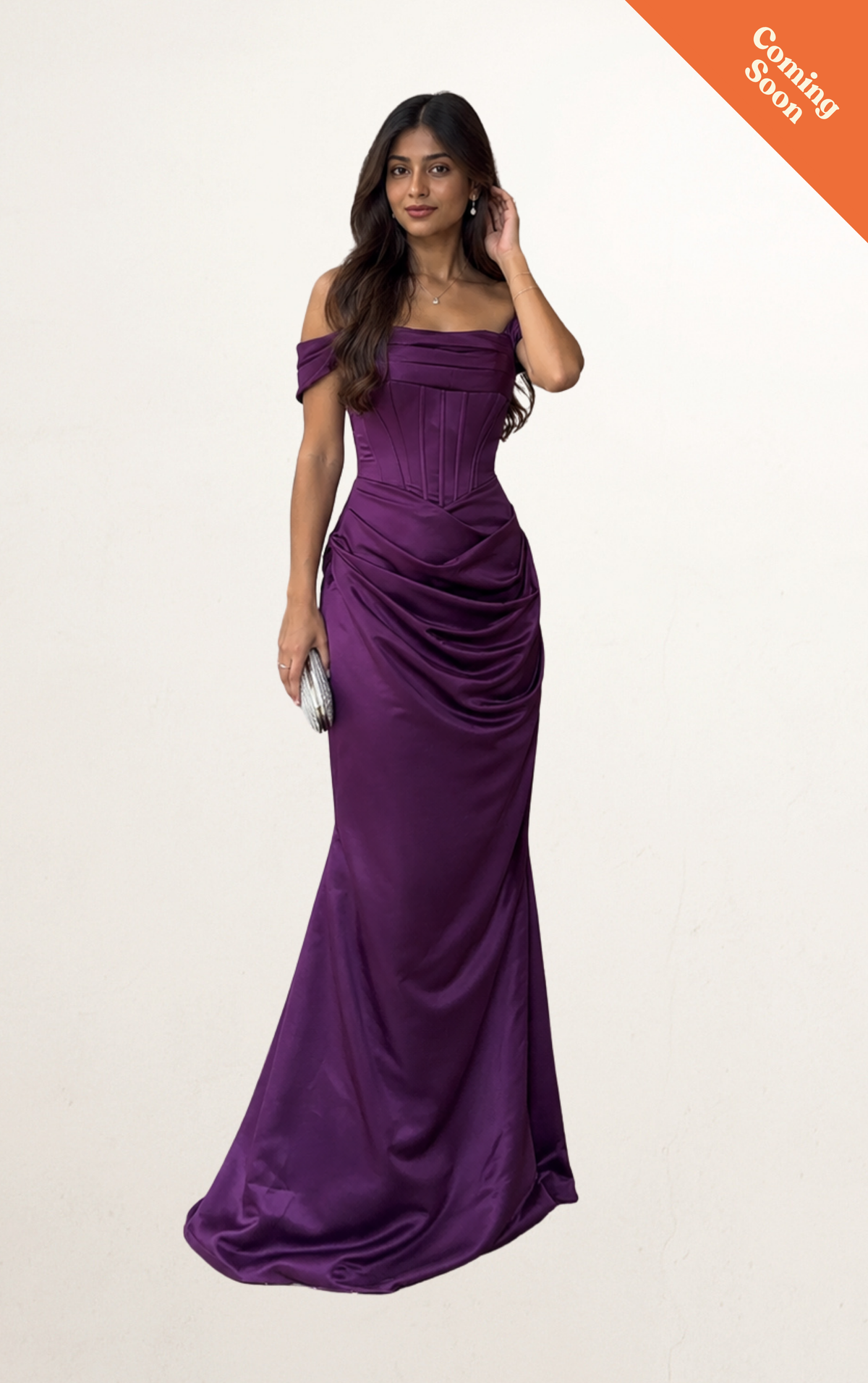 Purple Off-Shoulder Satin Corset Evening Gown