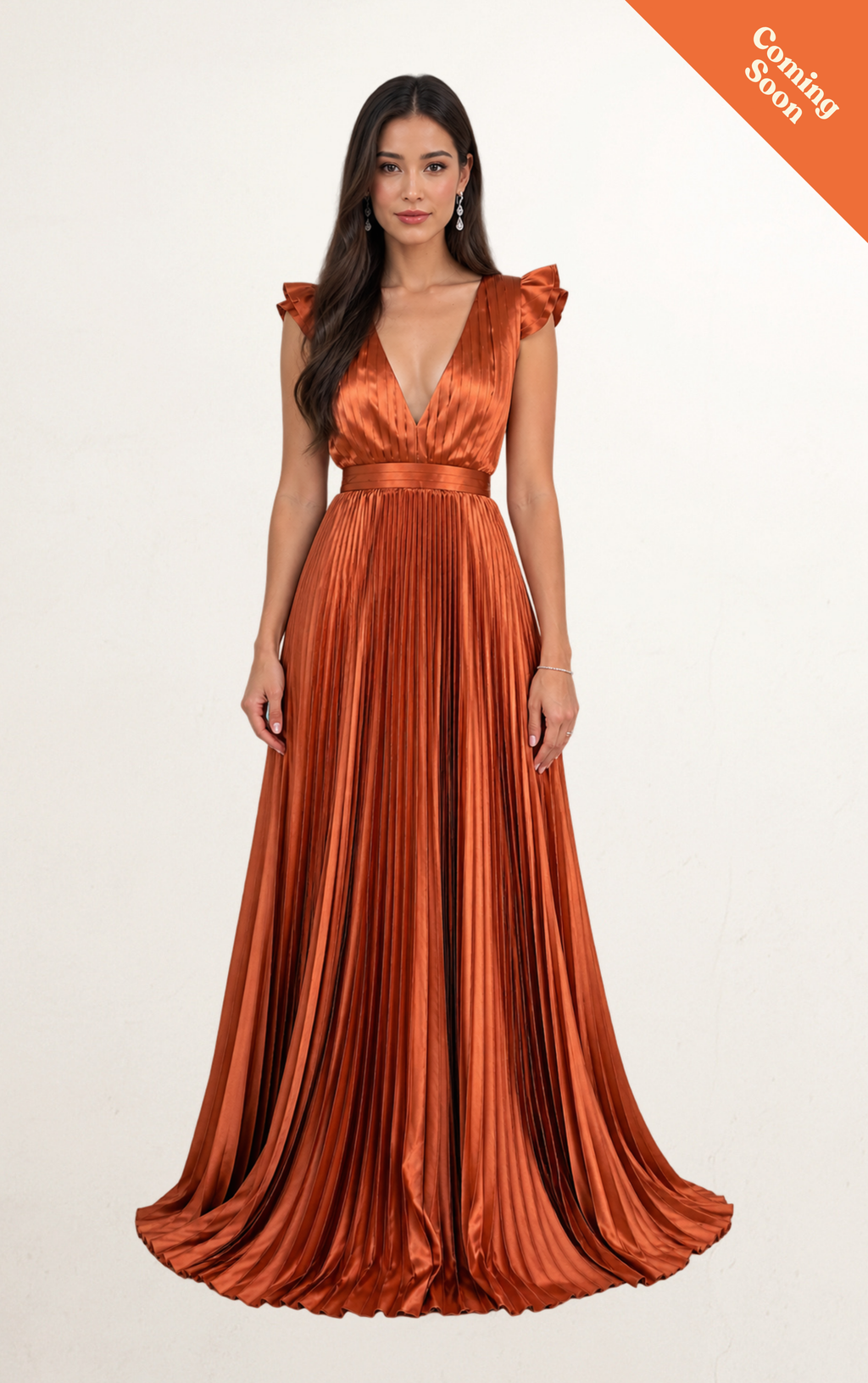 Rust Orange Satin Lace-Up Pleated Dress