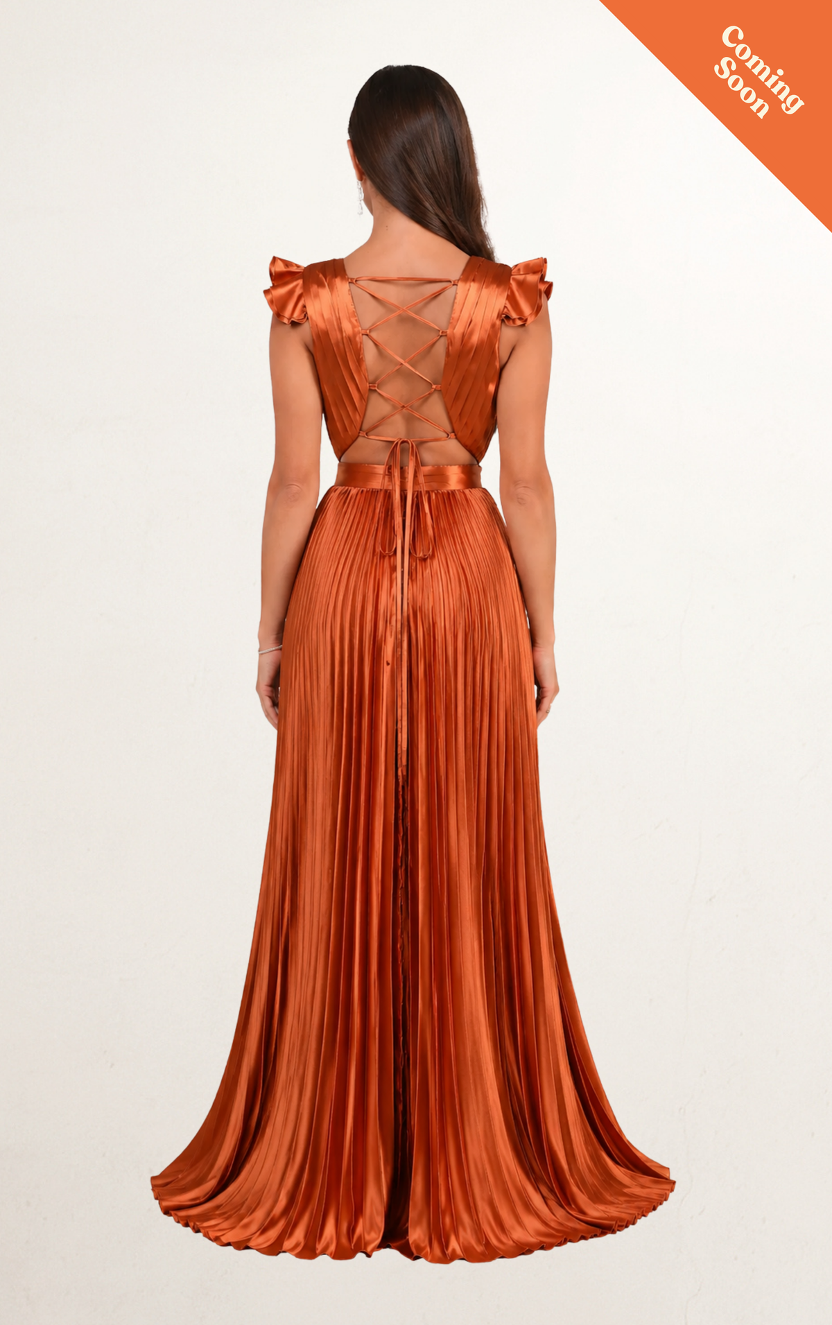 Rust Orange Satin Lace-Up Pleated Dress