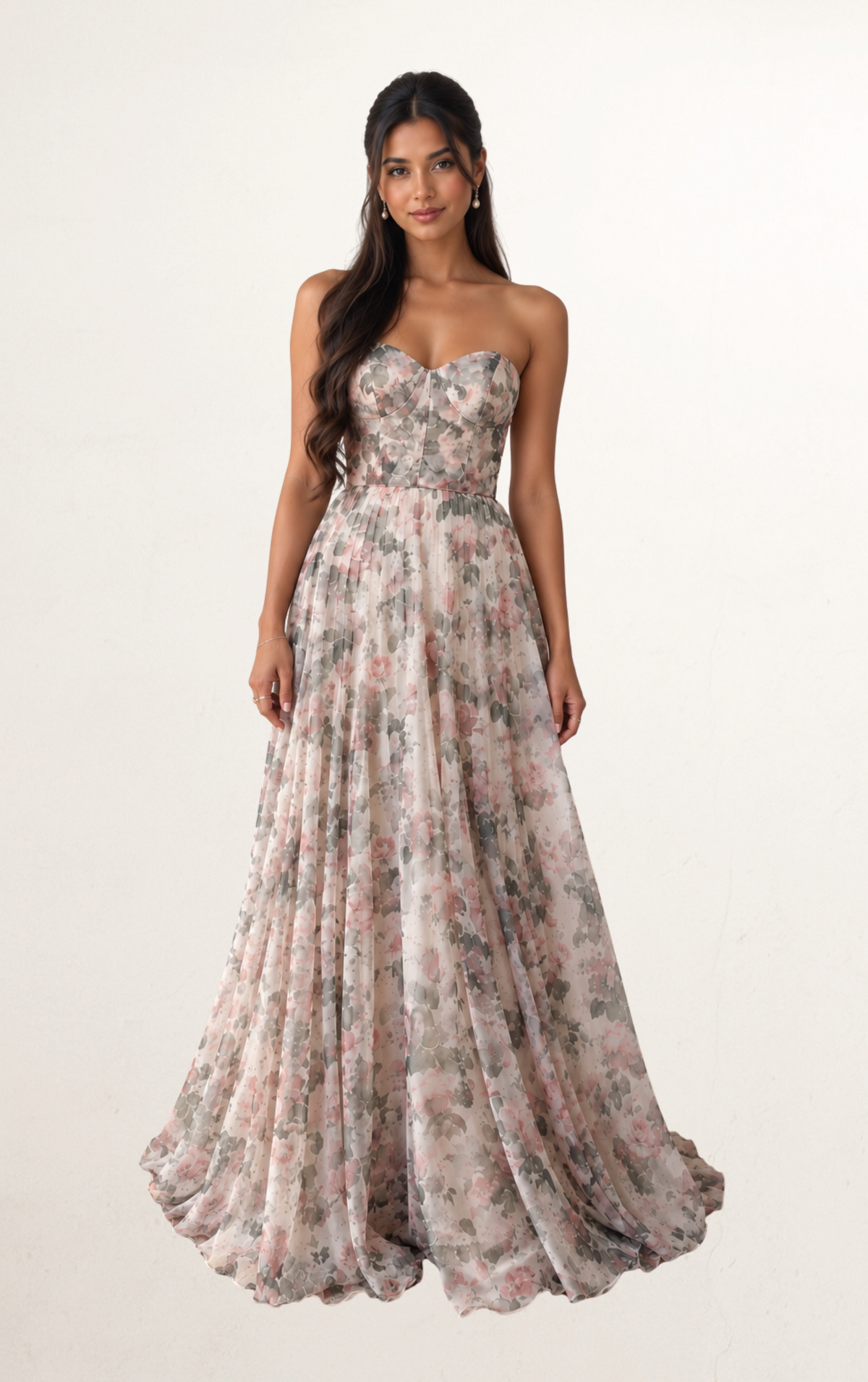 Blush Floral Strapless Corset Pleated Maxi Dress