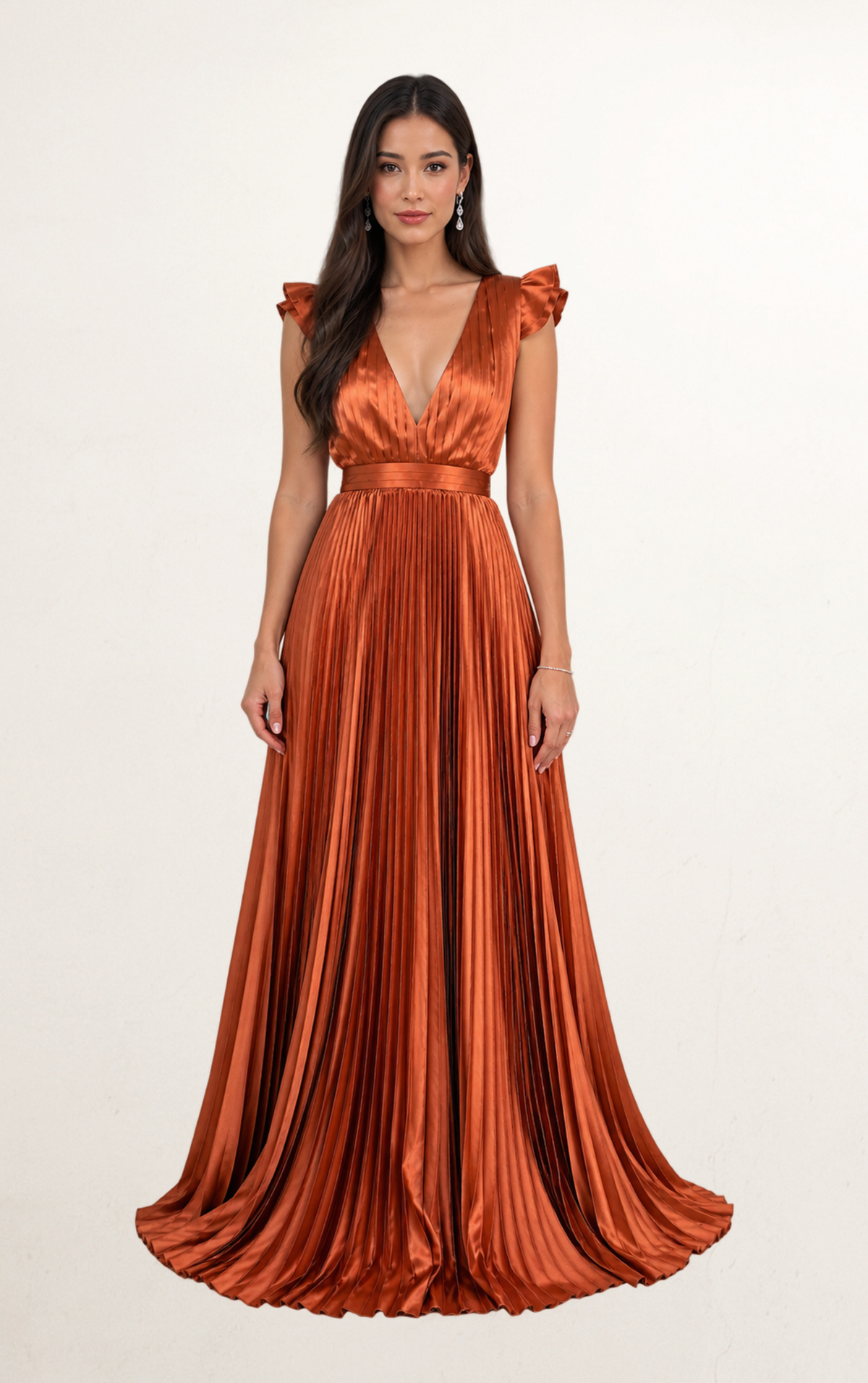 Rust Orange Satin Lace-Up Pleated Dress