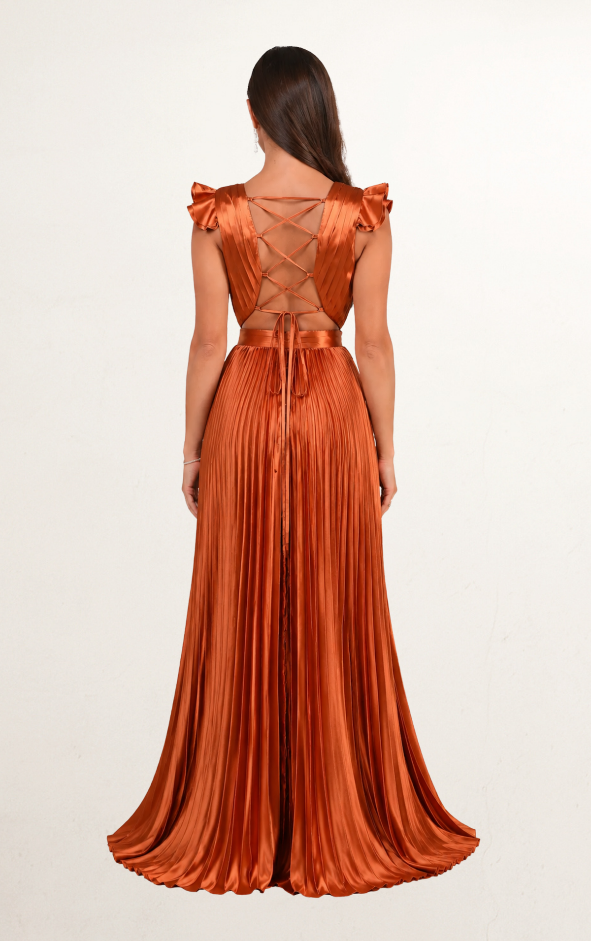 Rust Orange Satin Lace-Up Pleated Dress
