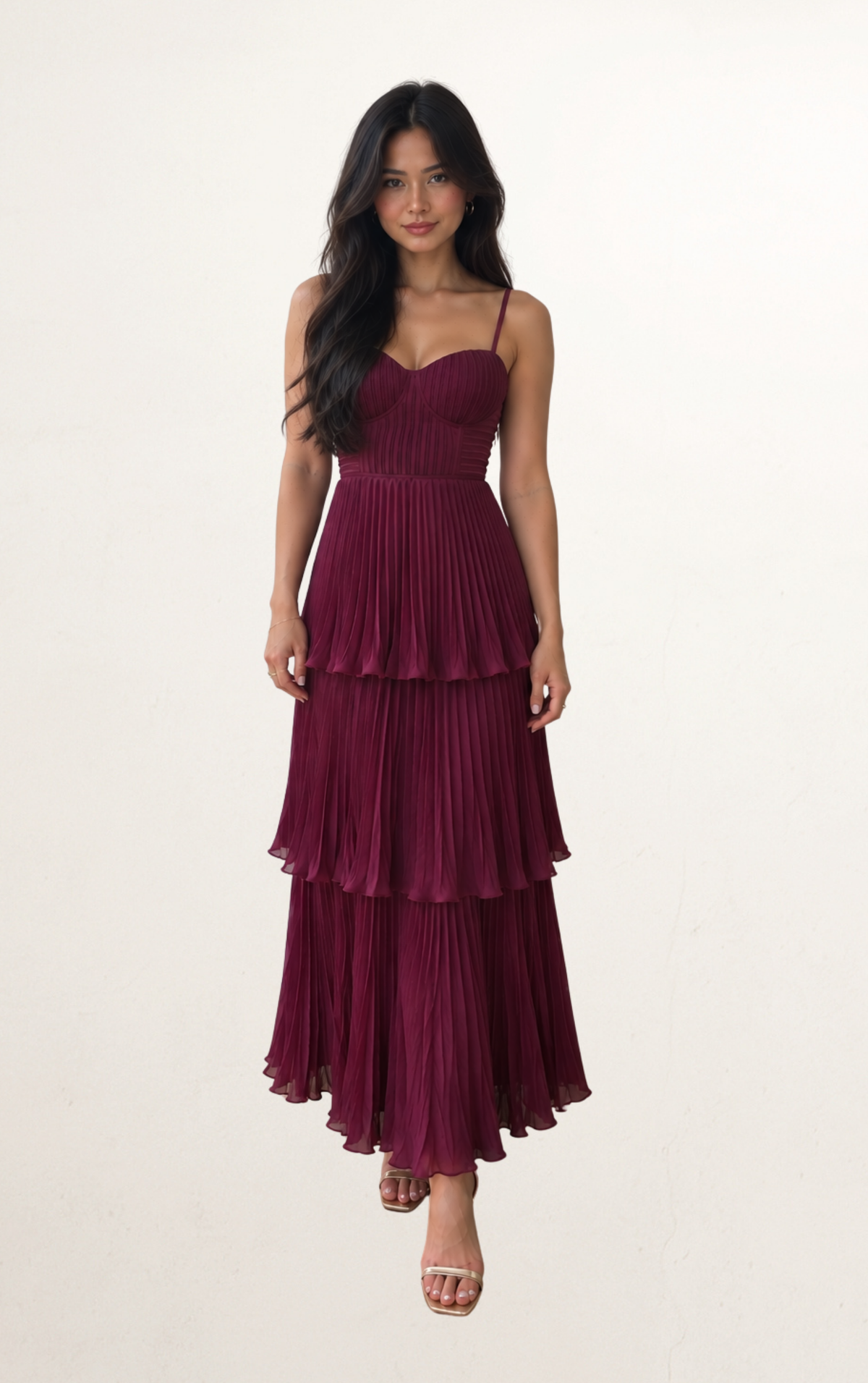 Purple Pleated Tiered Bustier Maxi Dress