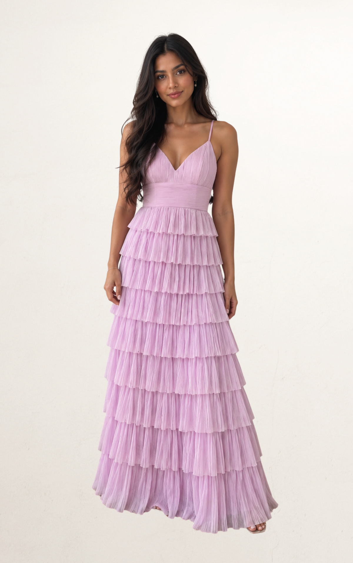 Purple Lilac Pleated Tiered Ruffle Maxi Dress