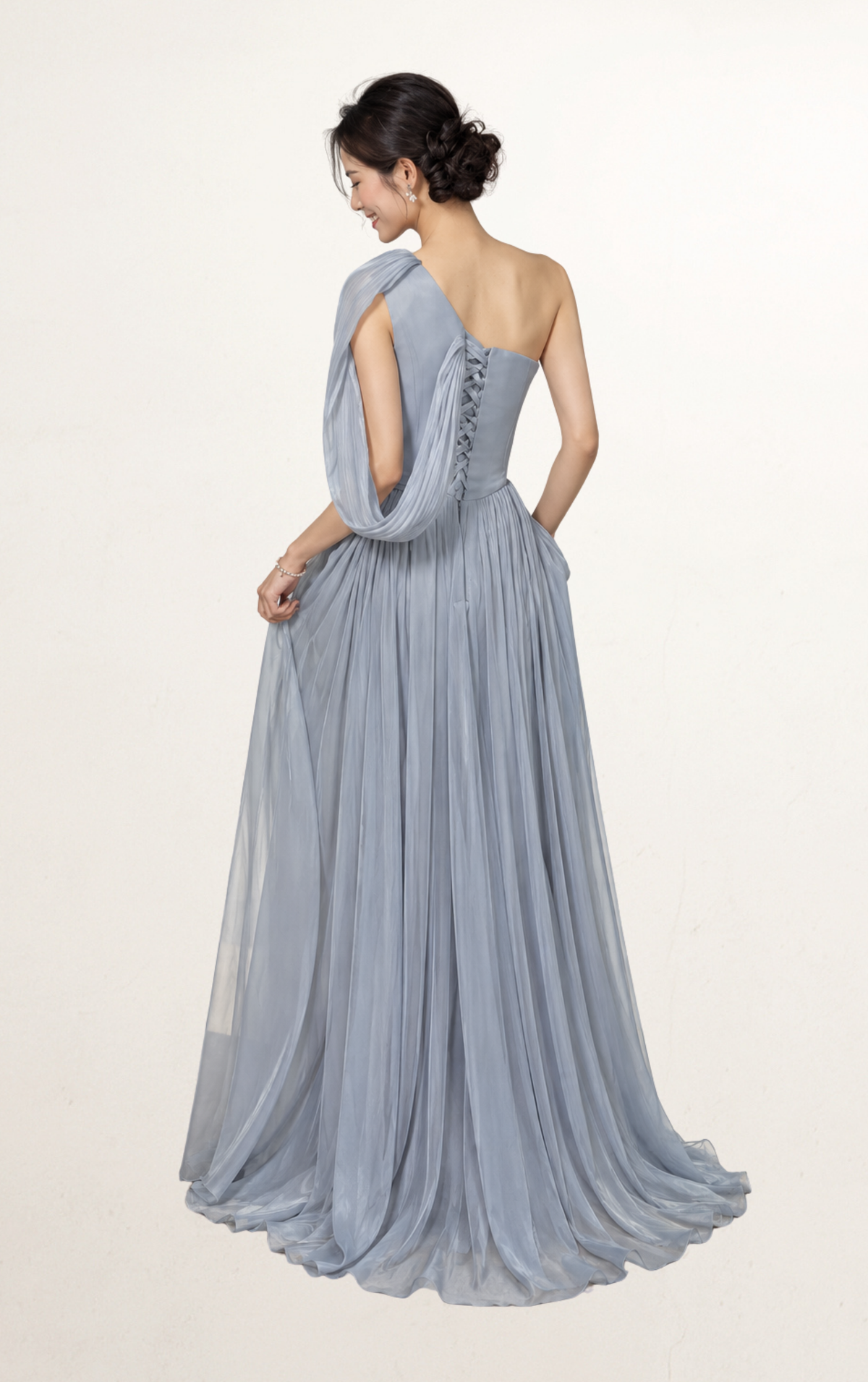 Dusty Blue One-Shoulder Chiffon Evening Gown