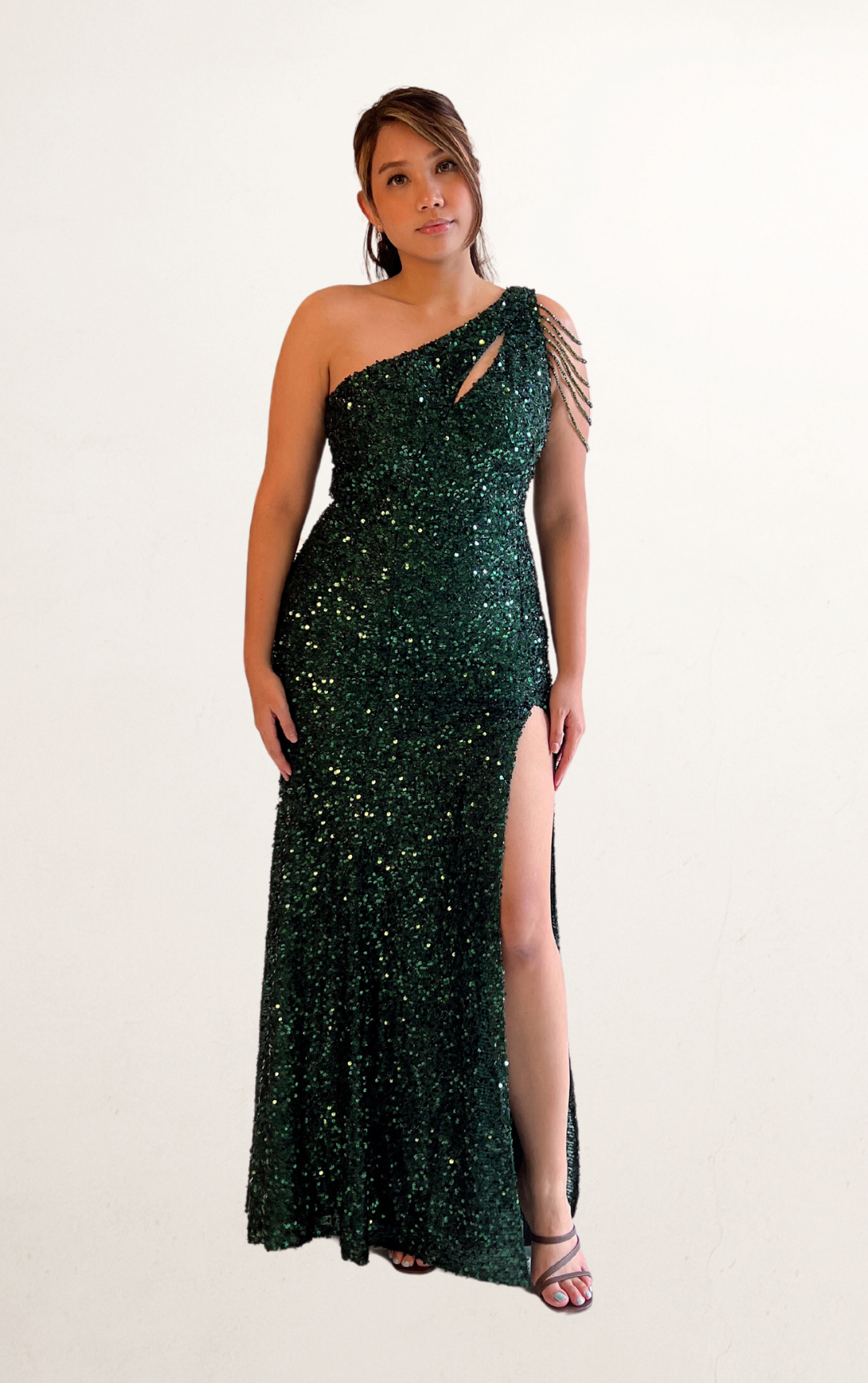 Green One-Shoulder Sequin Beaded Dress