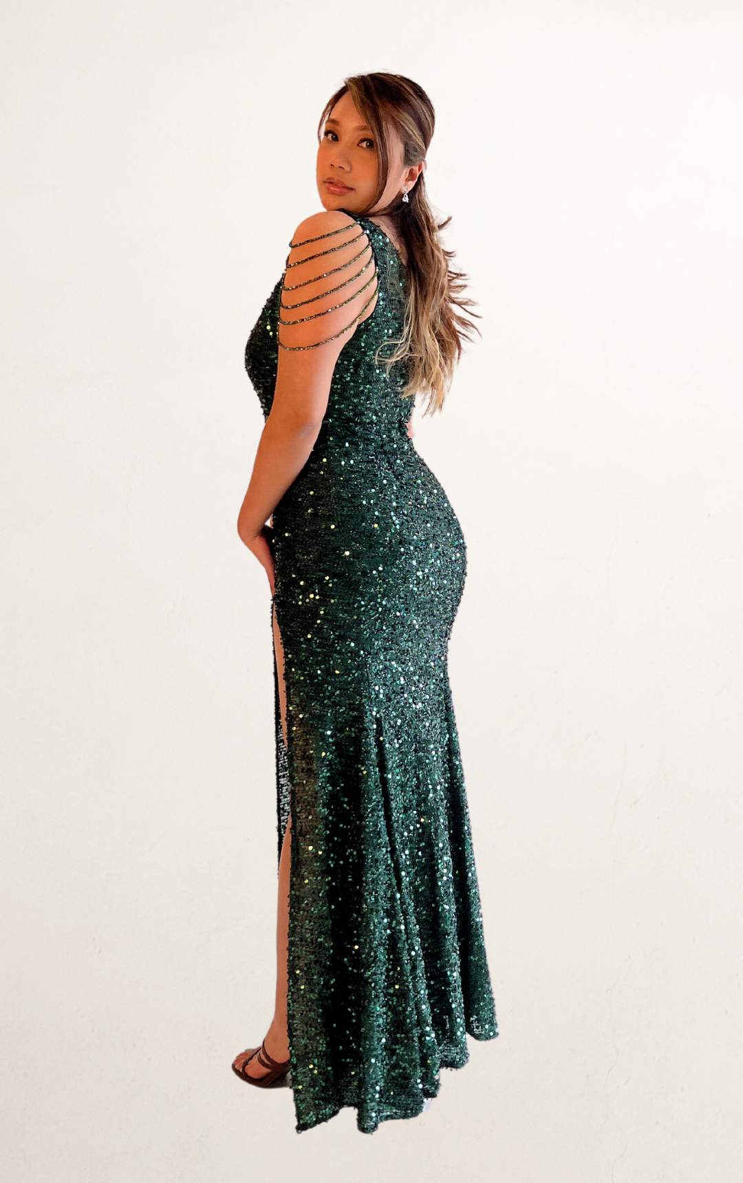 Green One-Shoulder Sequin Beaded Dress