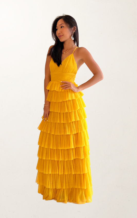 Yellow Crossback Ruffle Tiered Dress