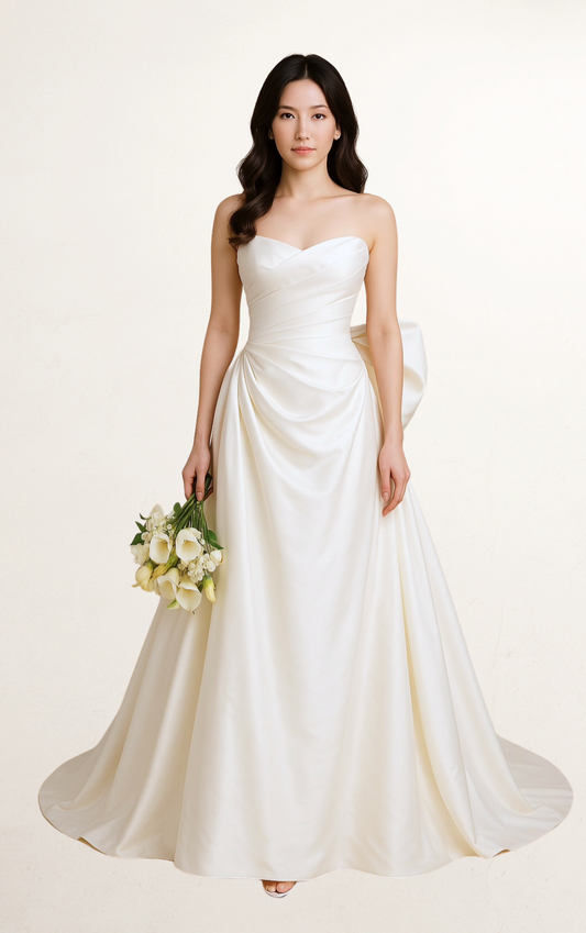 White Silk Corset Bridal Gown with Draped Bow