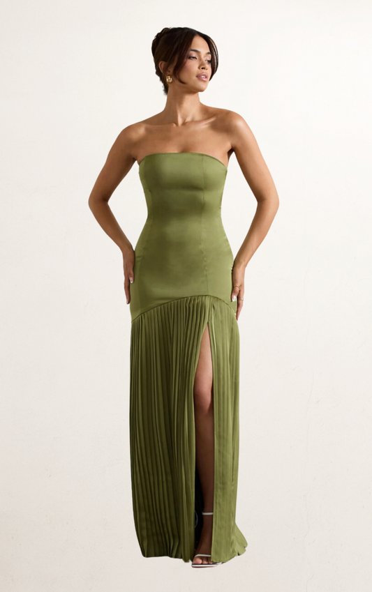Green Satin Pleated Maxi Dress
