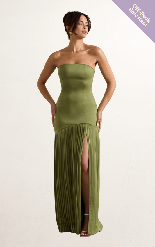 Green Satin Pleated Maxi Dress