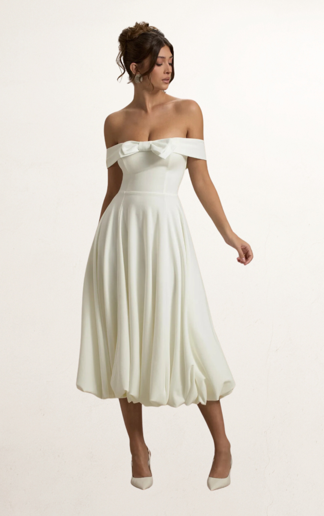 White Puffy Bardot Midi Dress | Bridal Dress Rental