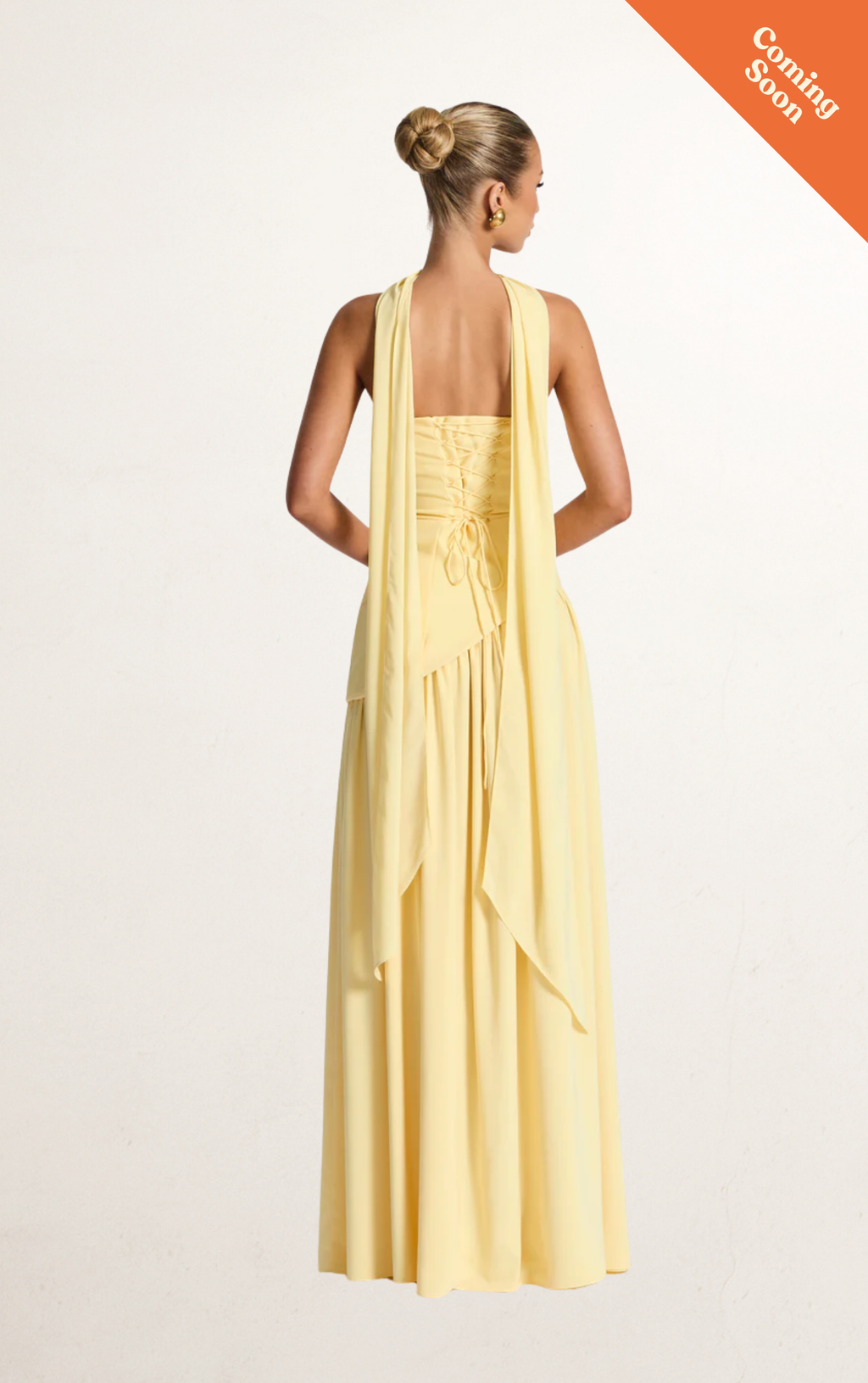 Butter Yellow Strapless Scarf Slit Gown