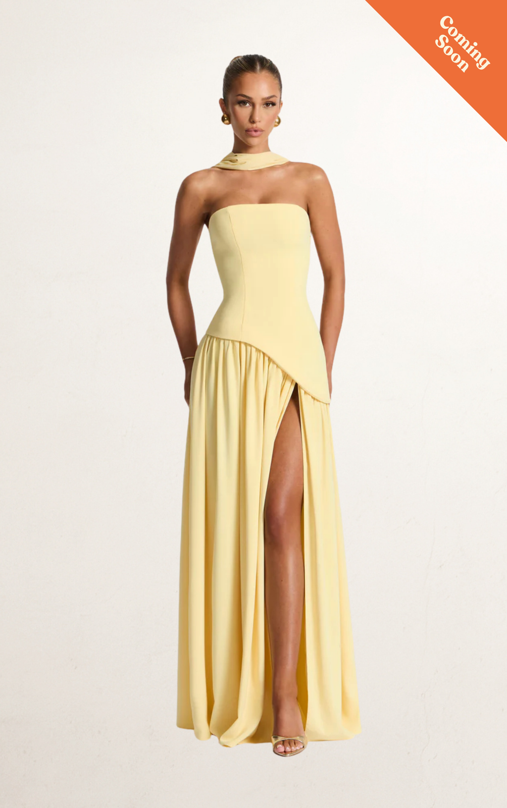 Butter Yellow Strapless Scarf Slit Gown