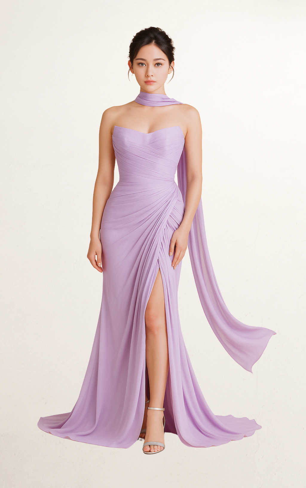 Purple Lilac Strapless Ruched Scarf Gown