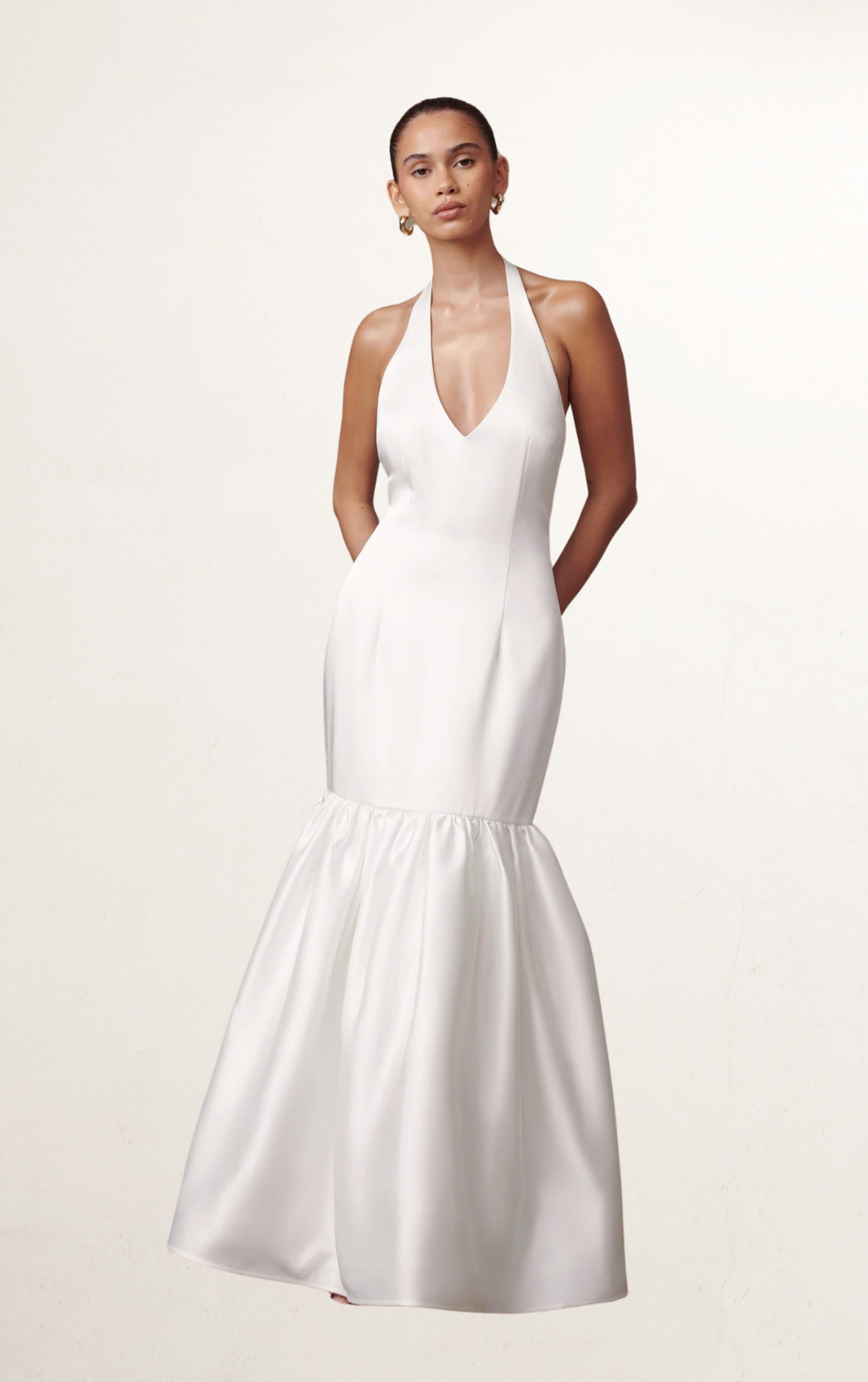 White Halter Satin Mermaid Backless Bridal Gown