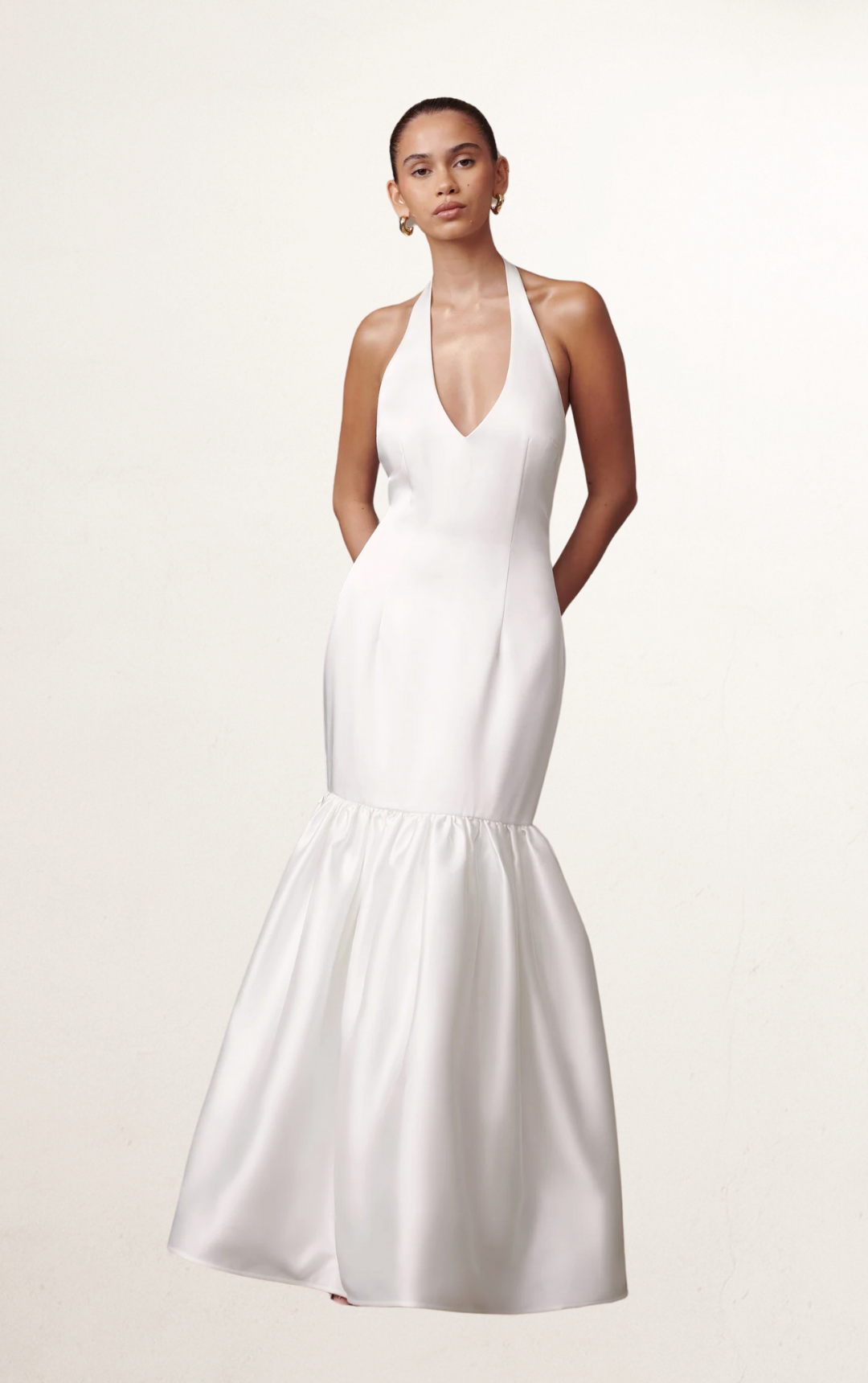 White Halter Satin Mermaid Backless Bridal Gown