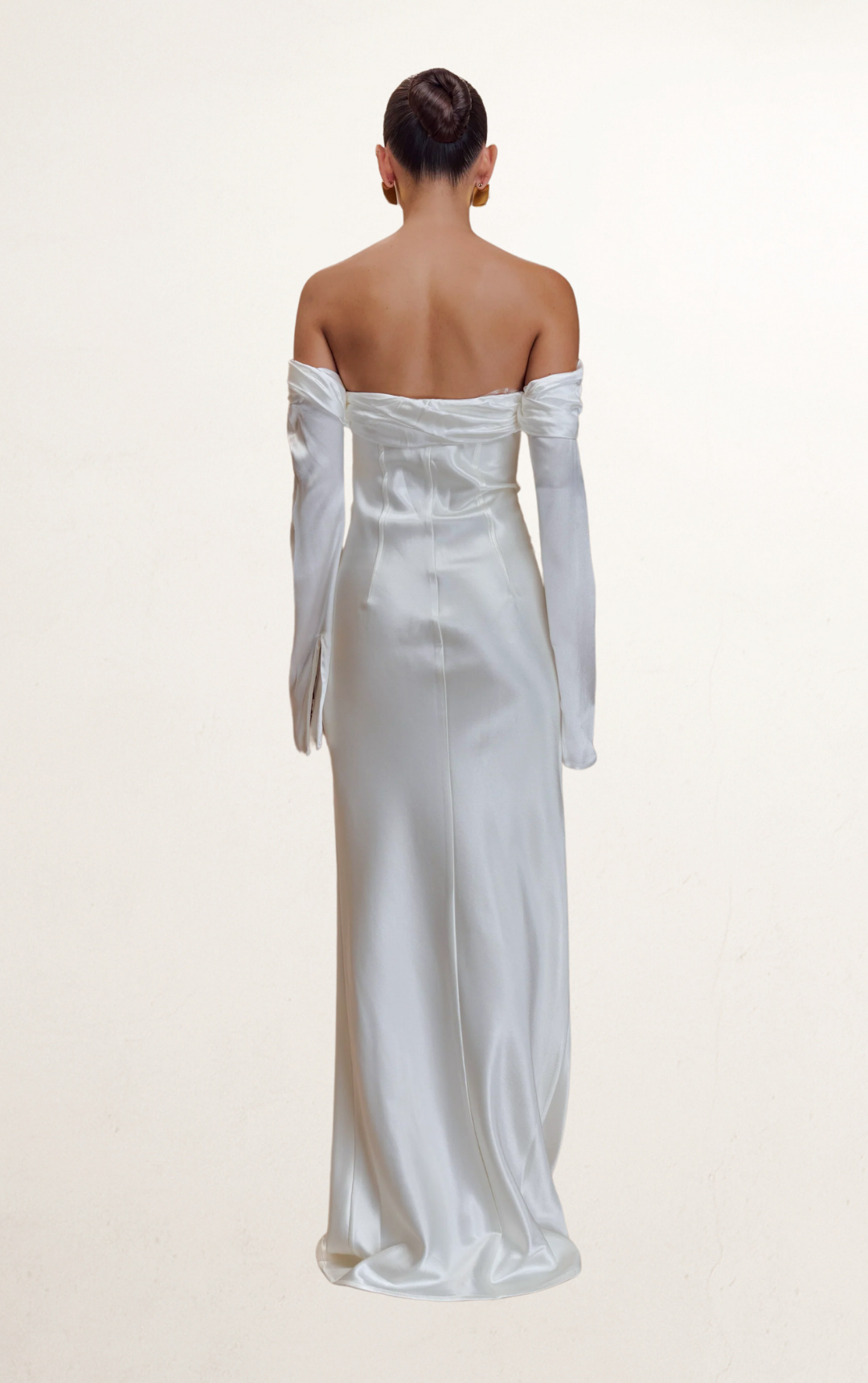 White Off-Shoulder Cowl Satin Bridal Gown