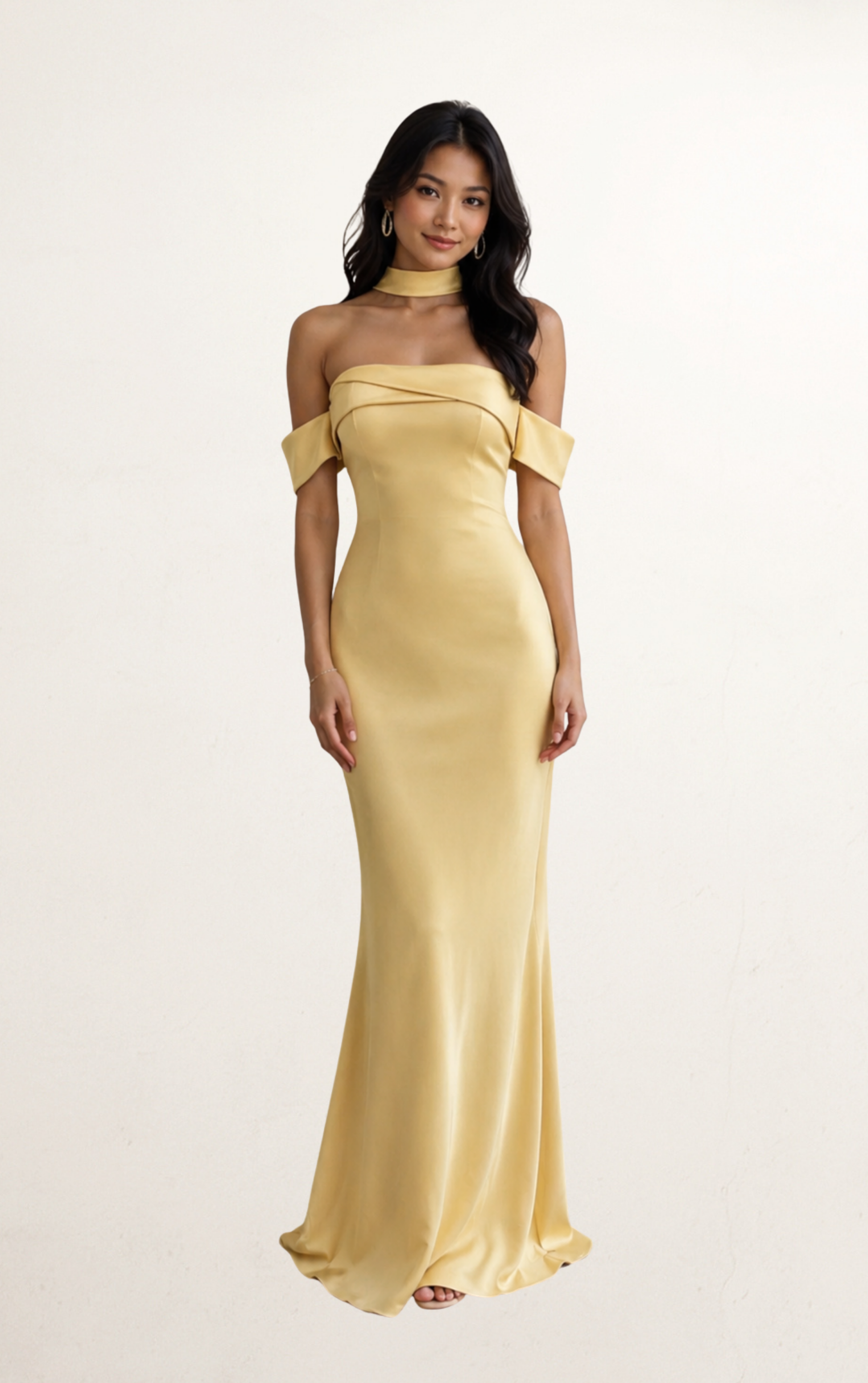 Yellow Silk Off-Shoulder w/ Scarf Maxi Dress