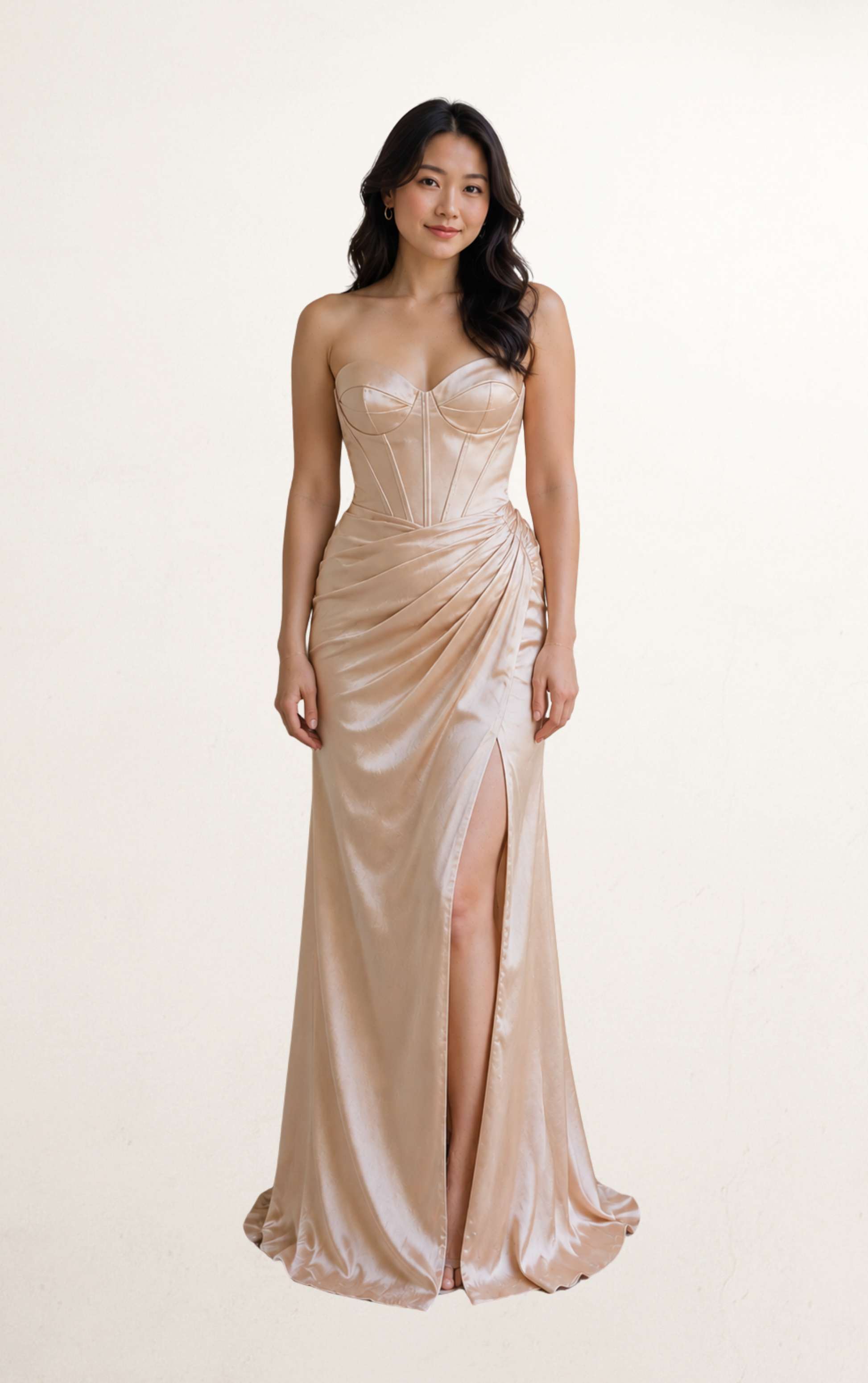 Champagne Satin V-Bodice Draped Corset Gown