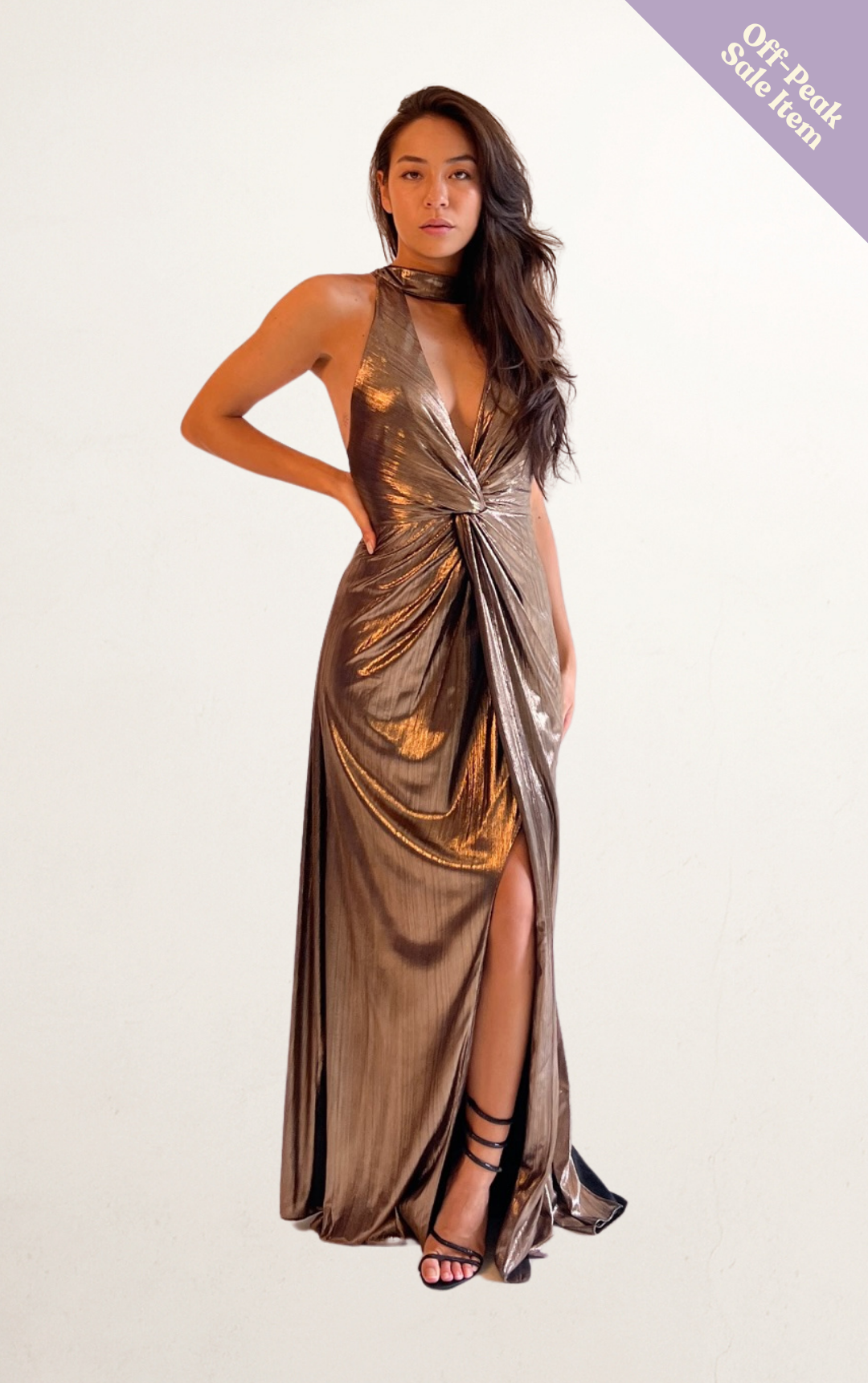 Gold Halter Plunge Crossback Dress