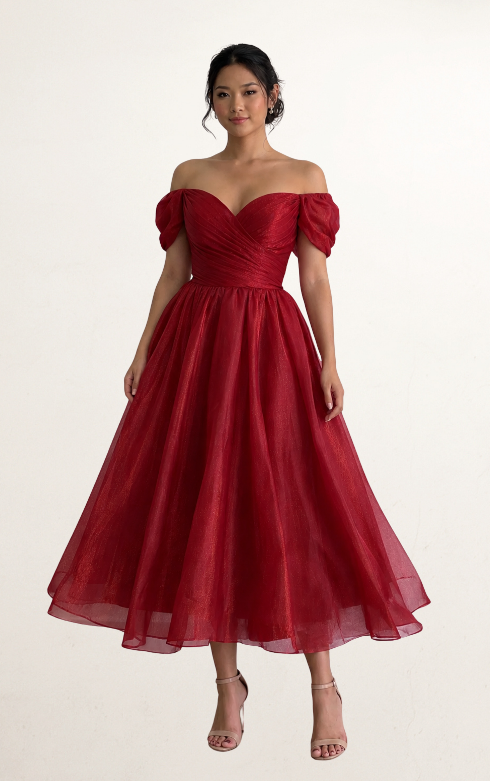 Red Organza Puff Sleeve Midi Evening Gown