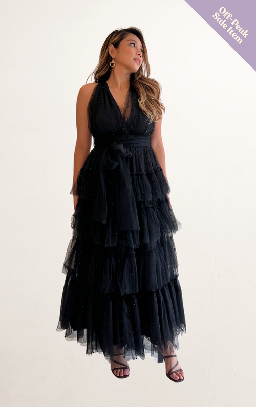 Black Beaded Deep V Tulle Dress
