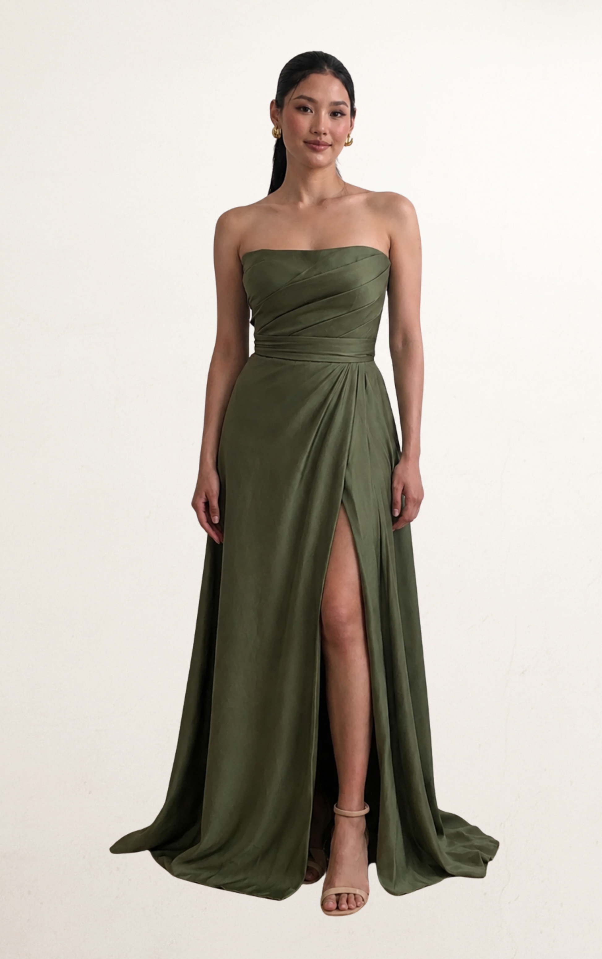 Green Pleated Silk Bodice Evening Gown