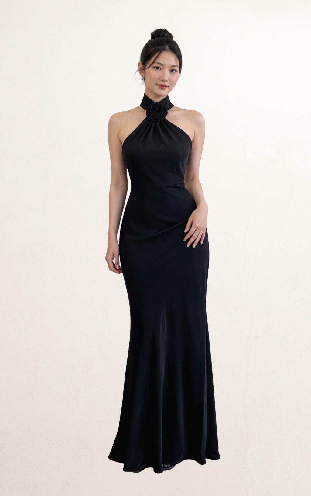Black Silk Halter Rosette Maxi Dress