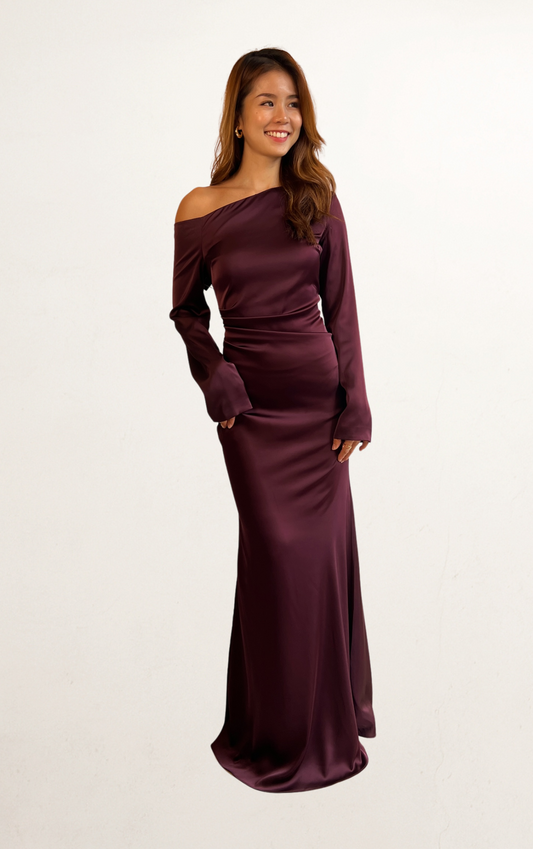 Purple Satin Long Sleeve One-Shoulder Dress